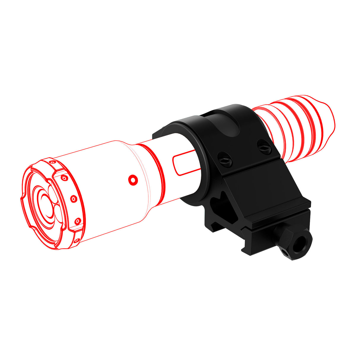 Ein 3D-gerendertes Bild zeigt die LEDLENSER Picatinny-Schienenhalterung Typ A in roter Farbe, um die technischen Details hervorzuheben. Die solide schwarze Halterung enthält sichtbare Schrauben und Hardware für den taktischen Einsatz.