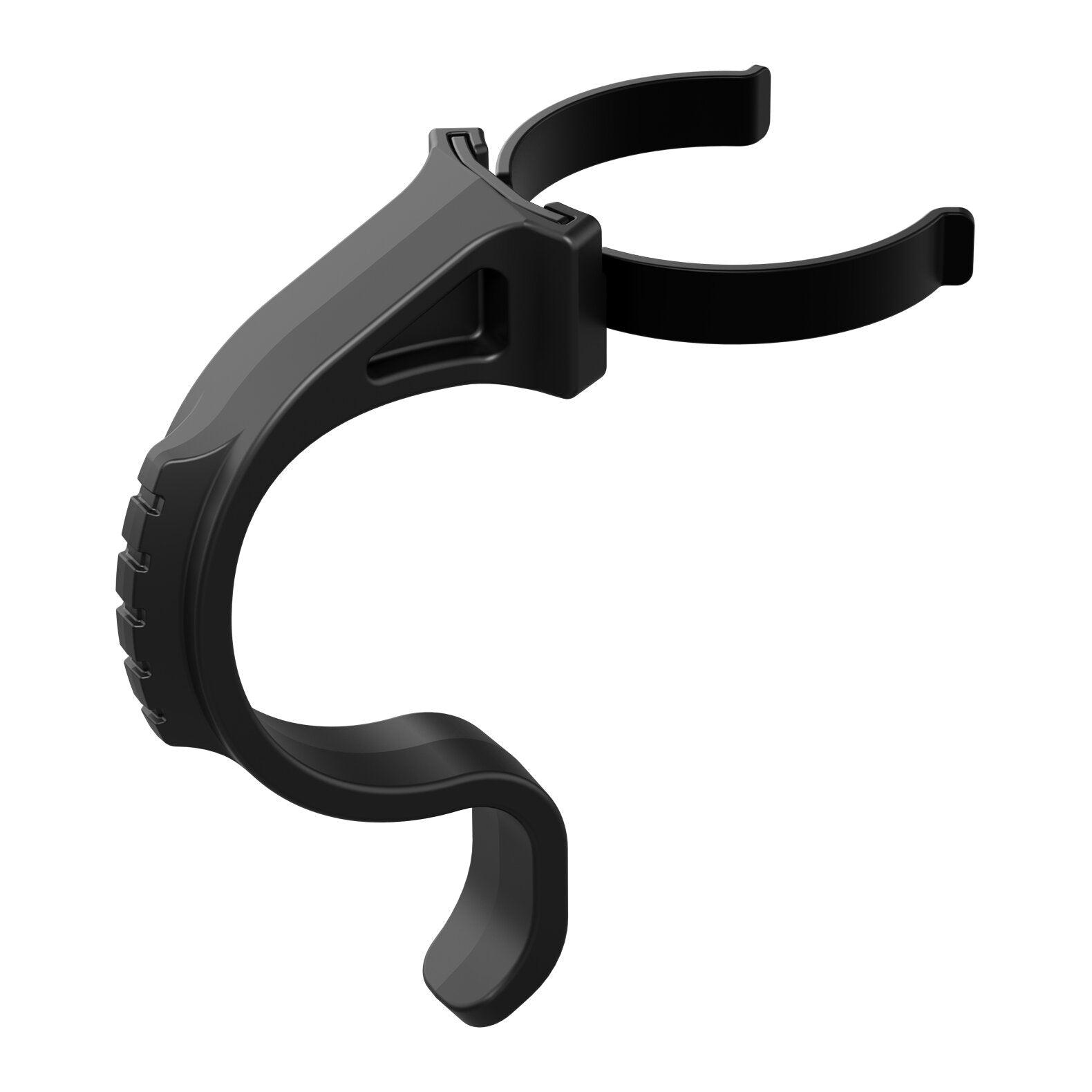 Der LEDLENSER Ledlenser Fingerring Typ B ist eine hakenförmige Klemme aus schwarzem Kunststoff mit gebogenen Armen, die zur Befestigung von zylindrischen Objekten wie Lenkern oder Kinderwagen dient. Ideal für den taktischen Einsatz oder als Taschenlampenhalter mit Picatinny Rail Mounts.