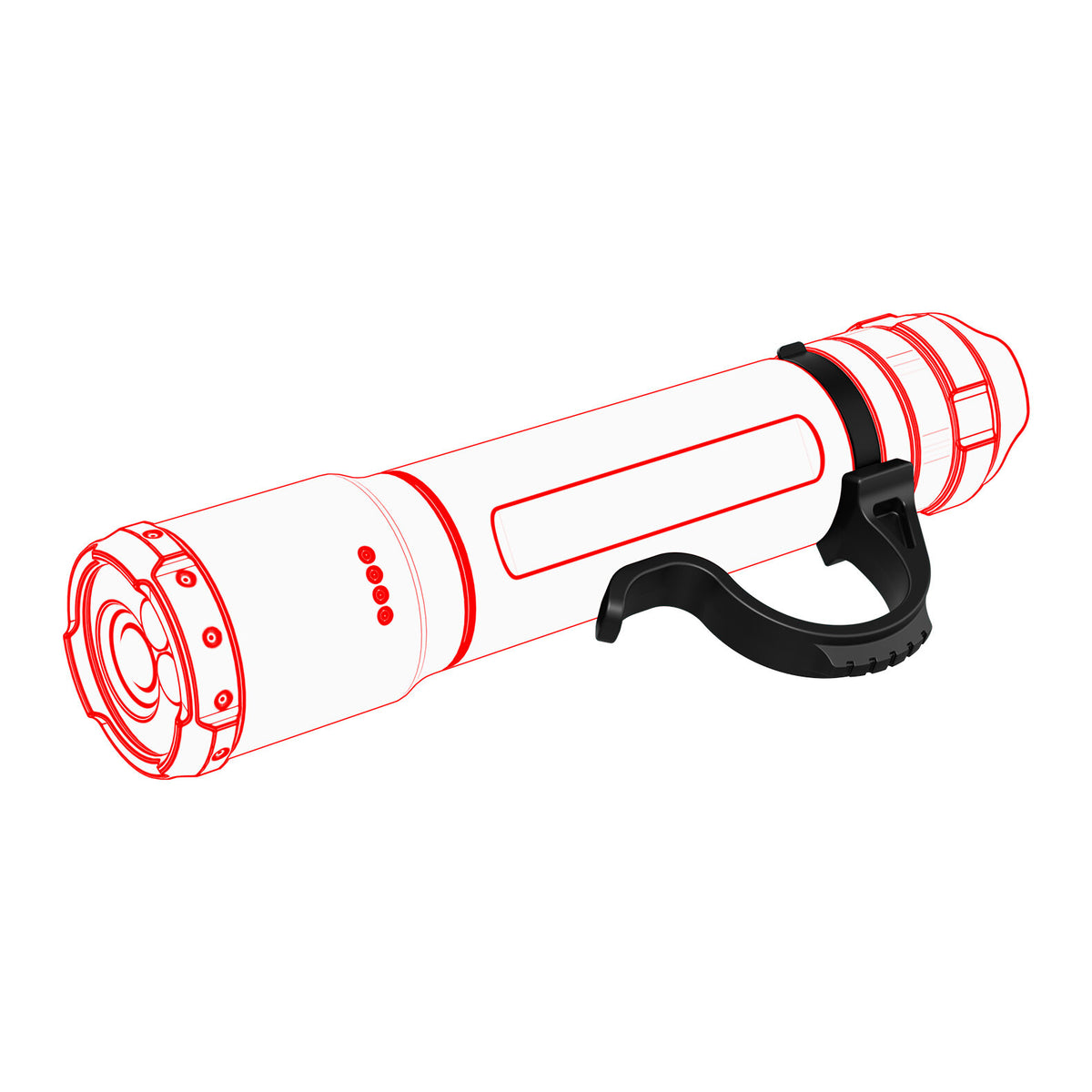 Eine digitale Illustration des LEDLENSER Ledlenser Finger Ring Type B zeigt eine Taschenlampe mit schwarzem Griff, roter Umrandung auf weißem Grund, mit einem zylindrischen Körper und vier kreisförmigen Markierungen - konzipiert für den taktischen Einsatz und kompatibel mit Picatinny Rail Mounts.