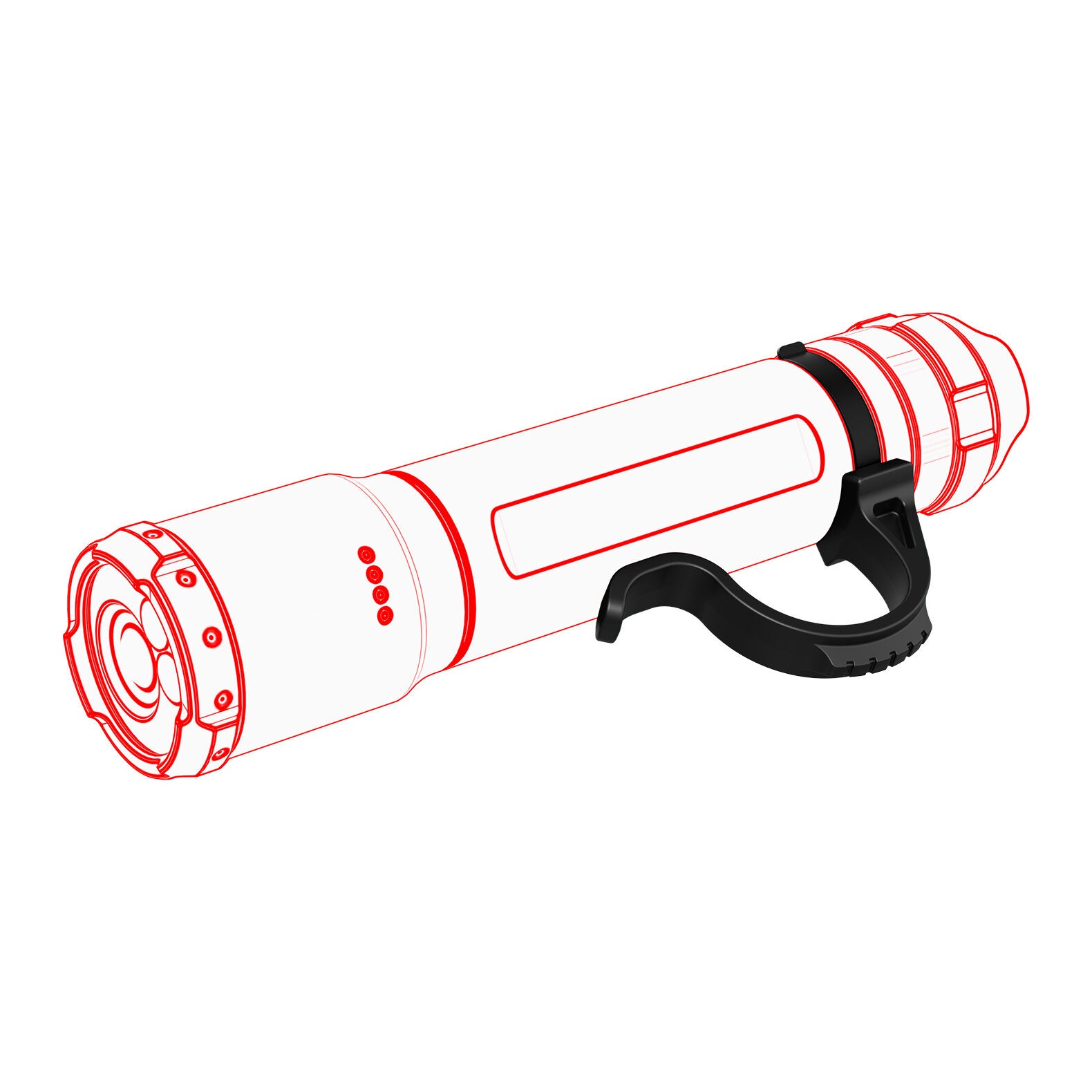 Eine digitale Illustration des LEDLENSER Ledlenser Finger Ring Type B zeigt eine Taschenlampe mit schwarzem Griff, roter Umrandung auf weißem Grund, mit einem zylindrischen Körper und vier kreisförmigen Markierungen - konzipiert für den taktischen Einsatz und kompatibel mit Picatinny Rail Mounts.