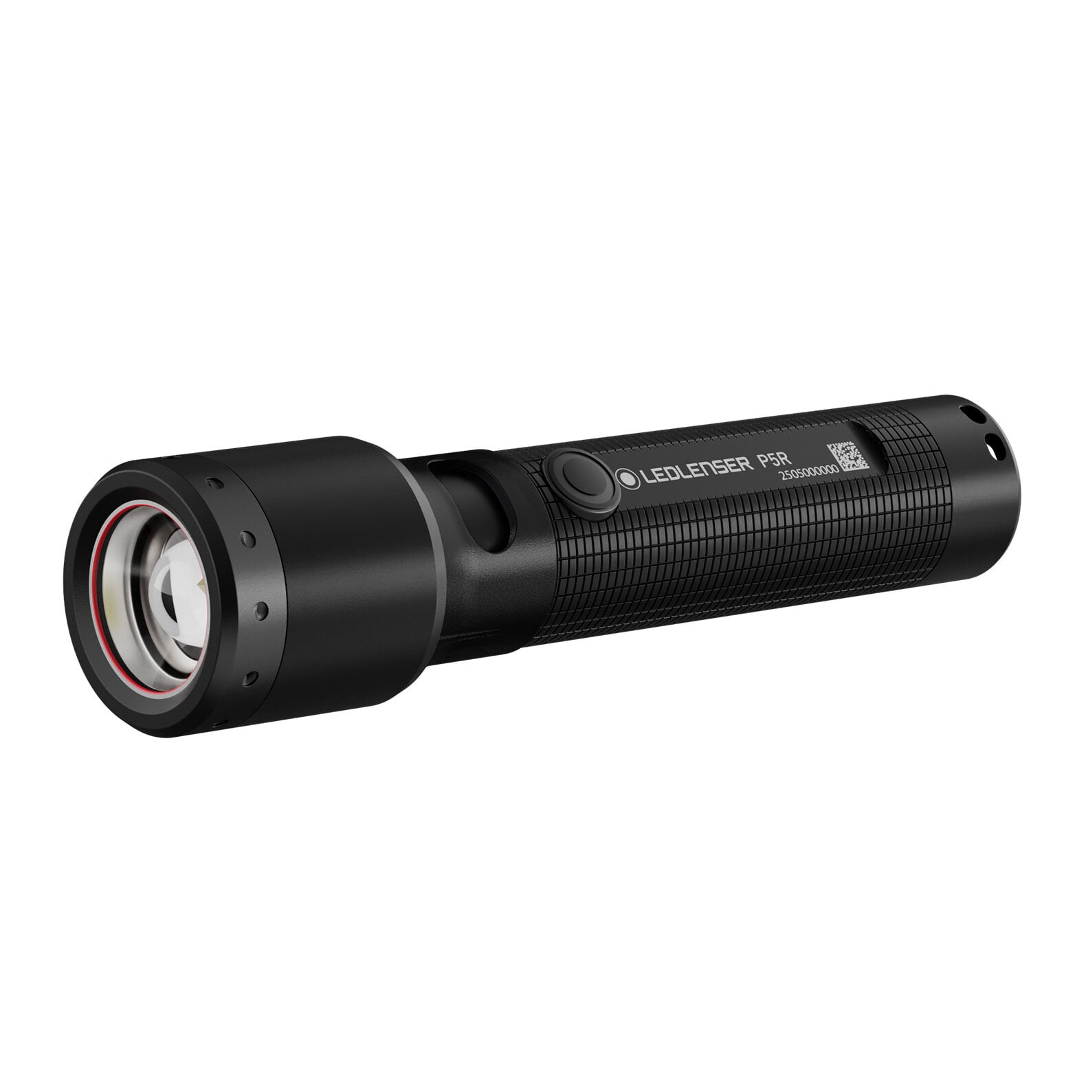 Eine schwarze, zylindrische LEDLENSER Taschenlampe P5R mit strukturiertem Griff, hervorstehender Frontlinse, Advanced Focus System und einer Taste in Kopfnähe zur einfachen Bedienung.