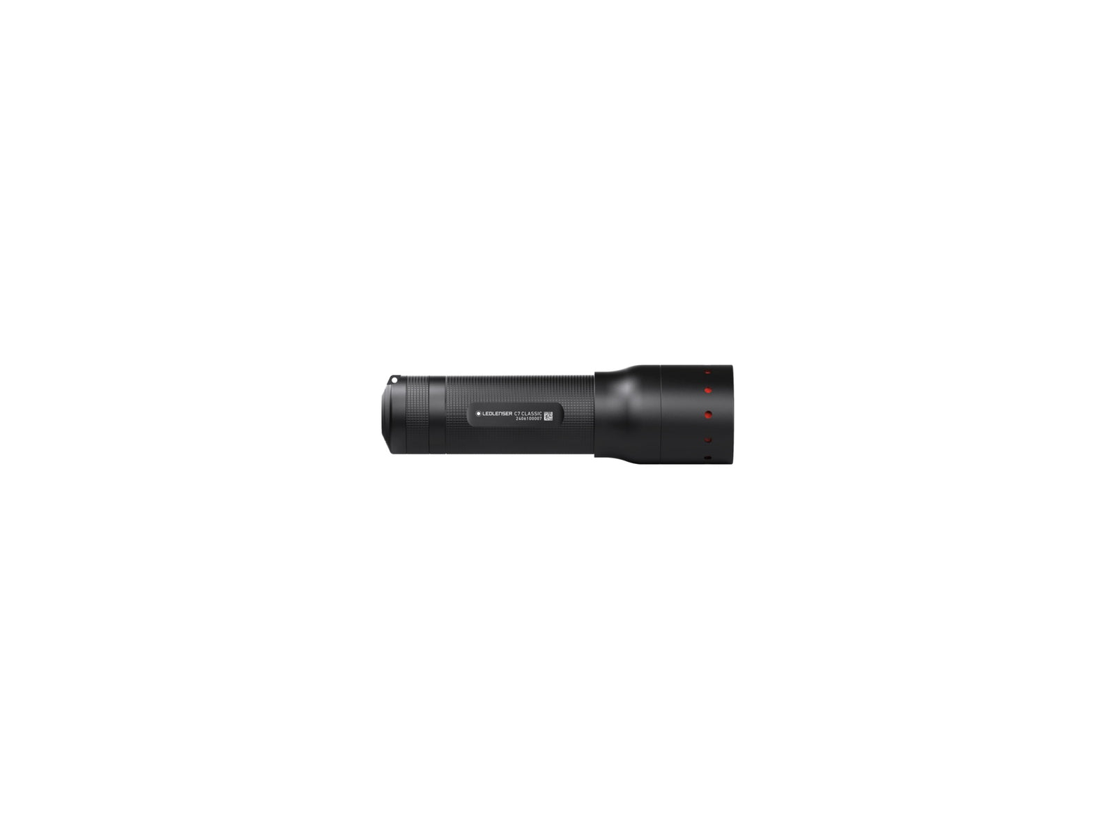 Eine schwarze LEDLENSER Taschenlampe C7 Classic mit zylindrischem Körper und breiterem Kopf, ausgestattet mit dem Advanced Focus System, in der Seitenansicht vor weißem Hintergrund - ideal für alle, die eine zuverlässige Beleuchtung suchen.