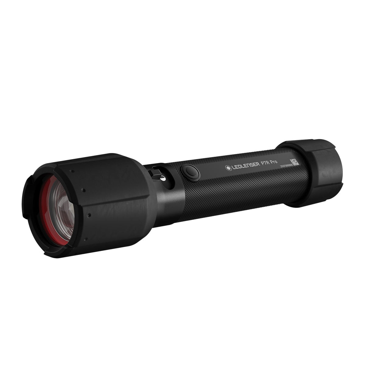 Eine schwarze LEDLENSER Taschenlampe P7R Pro mit strukturiertem Griff und rotem Ring um die Linse, dargestellt auf weißem Hintergrund - eine ideale Outdoor-Taschenlampe für alle Ihre Abenteuer.