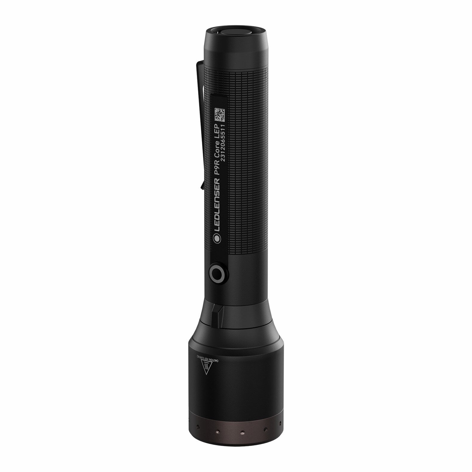 Eine schwarze LEDLENSER P9R Core LEP Taschenlampe steht aufrecht auf weißem Hintergrund und präsentiert sich mit strukturiertem Griff, seitlichem Knopf und beschriftetem Griff - perfekt für Such- und Rettungseinsätze.