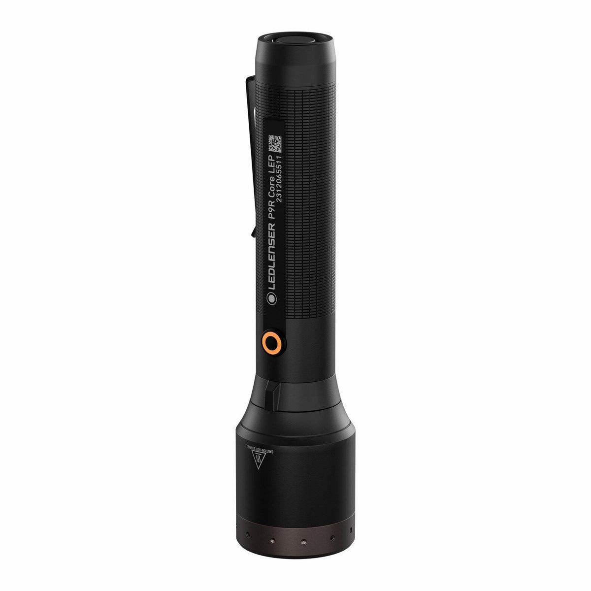 Die LEDLENSER Taschenlampe P9R Core LEP in Schwarz mit orangefarbenem Power-Button, LEP-Technologie, strukturiertem Griff und Clip eignet sich ideal für Such- und Rettungseinsätze.