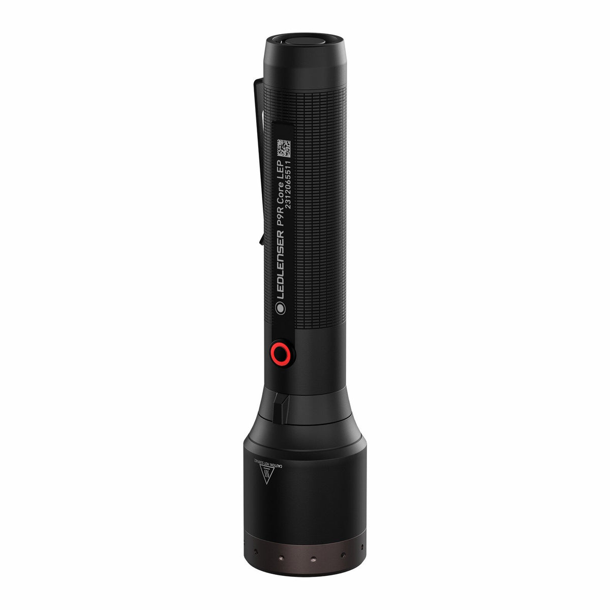 Die schwarze LEDLENSER Ledlenser Taschenlampe P9R Core LEP mit strukturiertem Griff, Clip, runder Einschalttaste und LEP Technologie steht aufrecht auf ihrem Schwanz vor weißem Hintergrund.