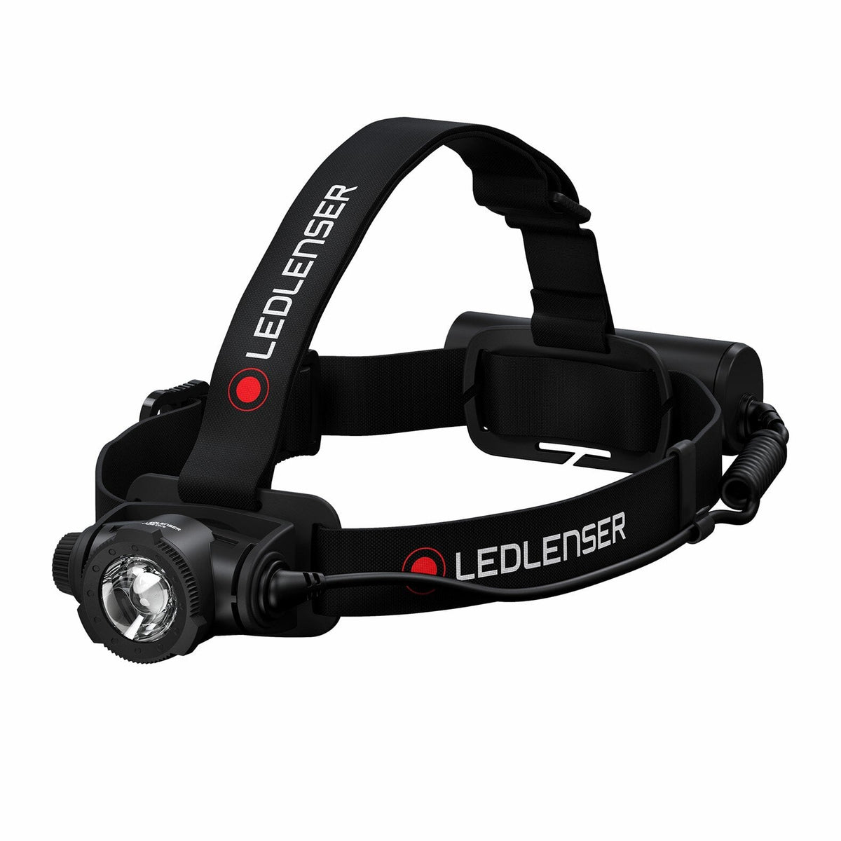 Die LEDLENSER H7R Core Stirnlampe ist eine schwarze Stirnlampe mit verstellbaren Gummibändern, weißem und rotem LEDLENSER-Branding, einem Advanced Focus System auf der Vorderseite und einem Akkupack auf der Rückseite.