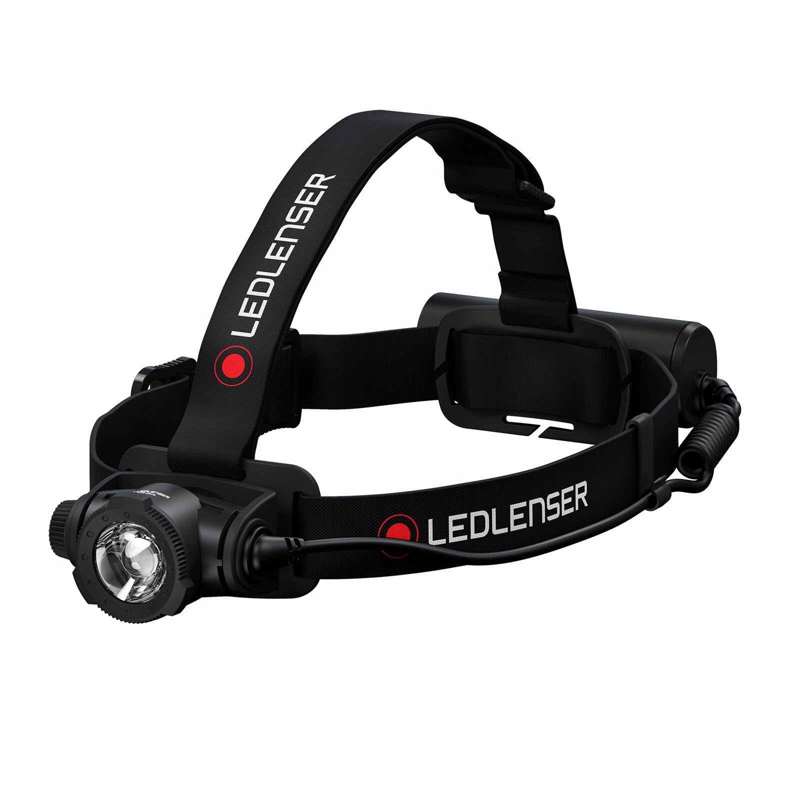 Die LEDLENSER Stirnlampe H7R Core verfügt über verstellbare Riemen, eine helle Front-LED mit Advanced Focus System und rote Logo-Akzente an den Bändern.