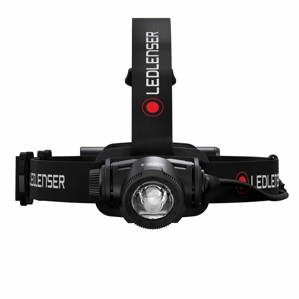 Die LEDLENSER H7R Core Stirnlampe ist frontal in schwarz abgebildet und verfügt über ein verstellbares Logoband, eine zentrale Linse mit Advanced Focus System und ein seitliches Kabel.