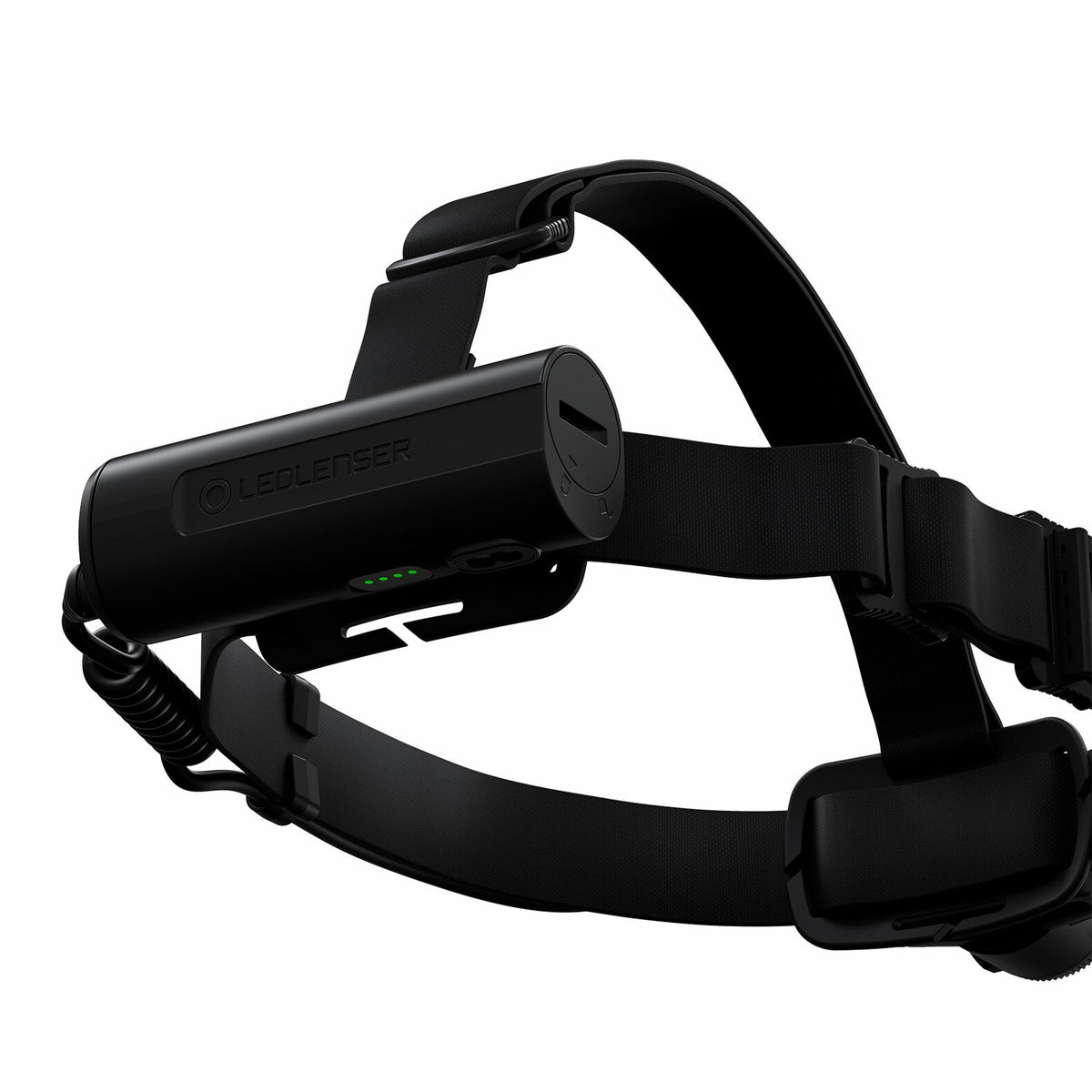 Eine Nahaufnahme der LEDLENSER H7R Core Stirnlampe in Schwarz, mit verstellbaren Riemen, zylindrischem Akkupack, Advanced Focus System, Kontrollleuchten und sicheren Verschlüssen.