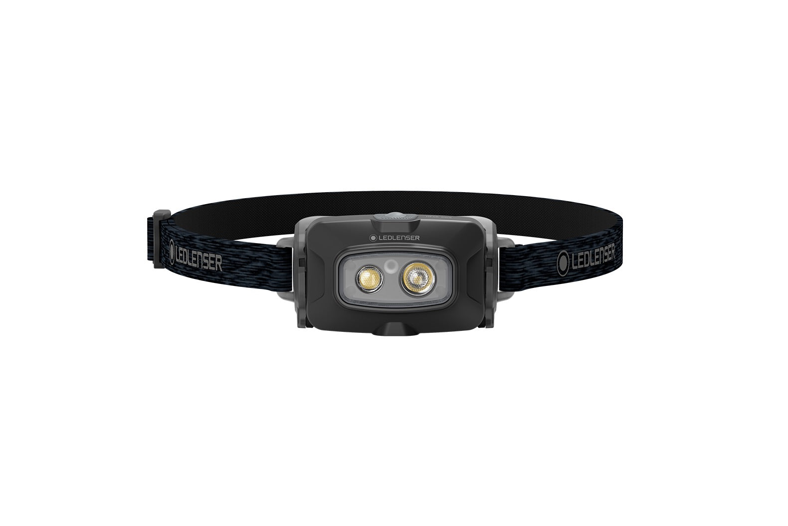 Die LEDLENSER Stirnlampe HF4R Core ist eine schwarze, wiederaufladbare Stirnlampe mit zwei runden Glühbirnen und einem verstellbaren Gummiband. Der Markenname LEDLENSER erscheint sowohl auf der Stirnlampe als auch auf dem Band.