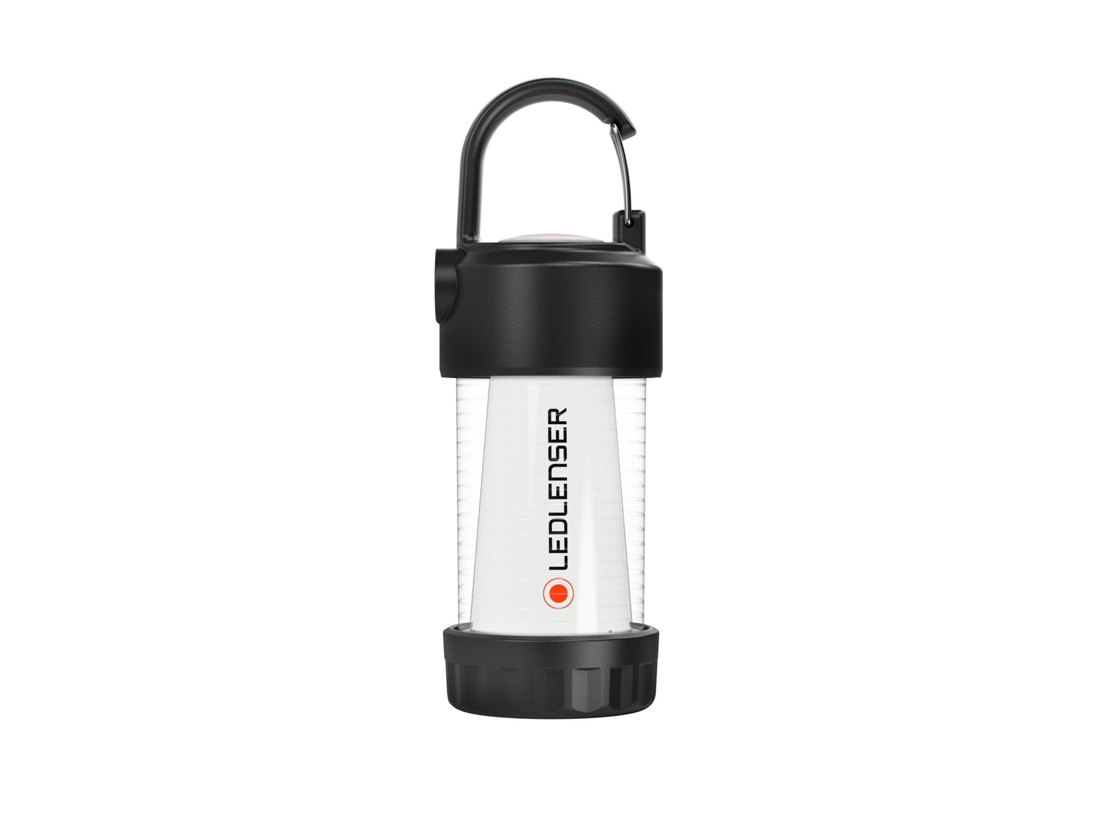 Die LEDLENSER ML4 WL Outdoor Camping Lampe ist eine kompakte LED-Laterne mit schwarzen Enden, einem durchsichtigen zylindrischen Körper mit dem LEDLENSER-Logo und einem Griff an der Oberseite zum einfachen Tragen oder Aufhängen - perfekt als Außenlampe.