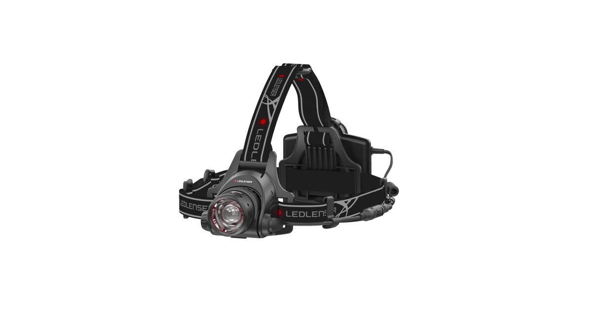 Die LEDLENSER Stirnlampe H14R.2 ist eine schwarz-graue Stirnlampe mit verstellbaren Bändern, einem auffälligen Frontlicht und dem Advanced Focus System; der Schriftzug "LEDLENSER" befindet sich auf dem Stirnband.