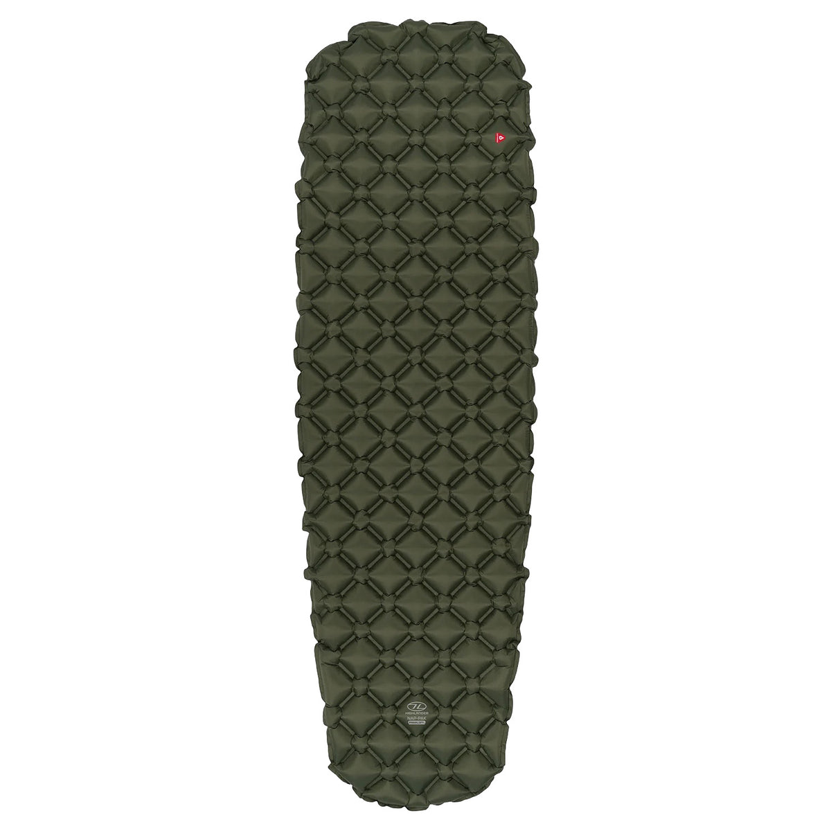 Die Highlander NAP PAK aufblasbare Schlafmatte mit PrimaLoft von HIGHLANDER FORCES, olivgrün mit rautenförmiger Steppstruktur, ist rechteckig und für das Camping im Freien konzipiert, abgebildet auf weißem Hintergrund.