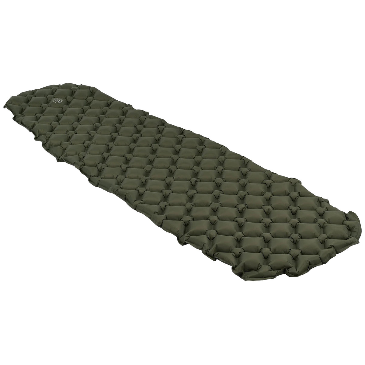 Die HIGHLANDER FORCES Highlander Nap-Pak aufblasbare Schlafmatte XL in Olivgrün mit gesteppter, blasenartiger Struktur ist vollständig aufgeblasen und flach auf weißem Hintergrund abgebildet, ideal für Camping und Outdoor-Abenteuer.