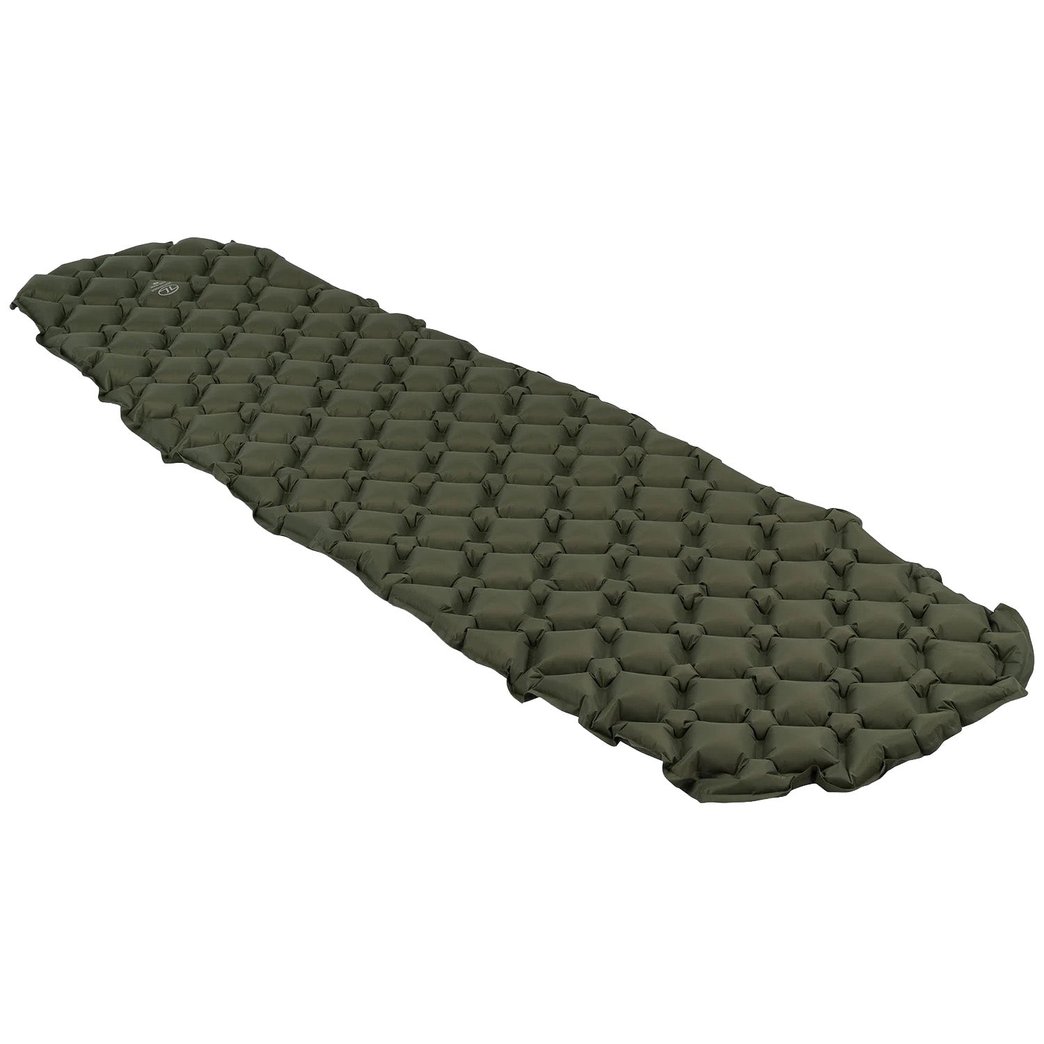 Die HIGHLANDER FORCES Highlander Nap-Pak aufblasbare Schlafmatte XL in Olivgrün mit gesteppter, blasenartiger Struktur ist vollständig aufgeblasen und flach auf weißem Hintergrund abgebildet, ideal für Camping und Outdoor-Abenteuer.