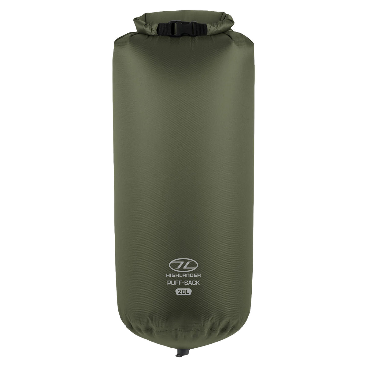 Der olivgrüne HIGHLANDER FORCES Puff Sack Inflation Drybag (20L) mit schwarzem Rollverschluss und Logo auf der Vorderseite ist ideal für die Aufbewahrung von Ausrüstung oder auch als Schlafmatte.