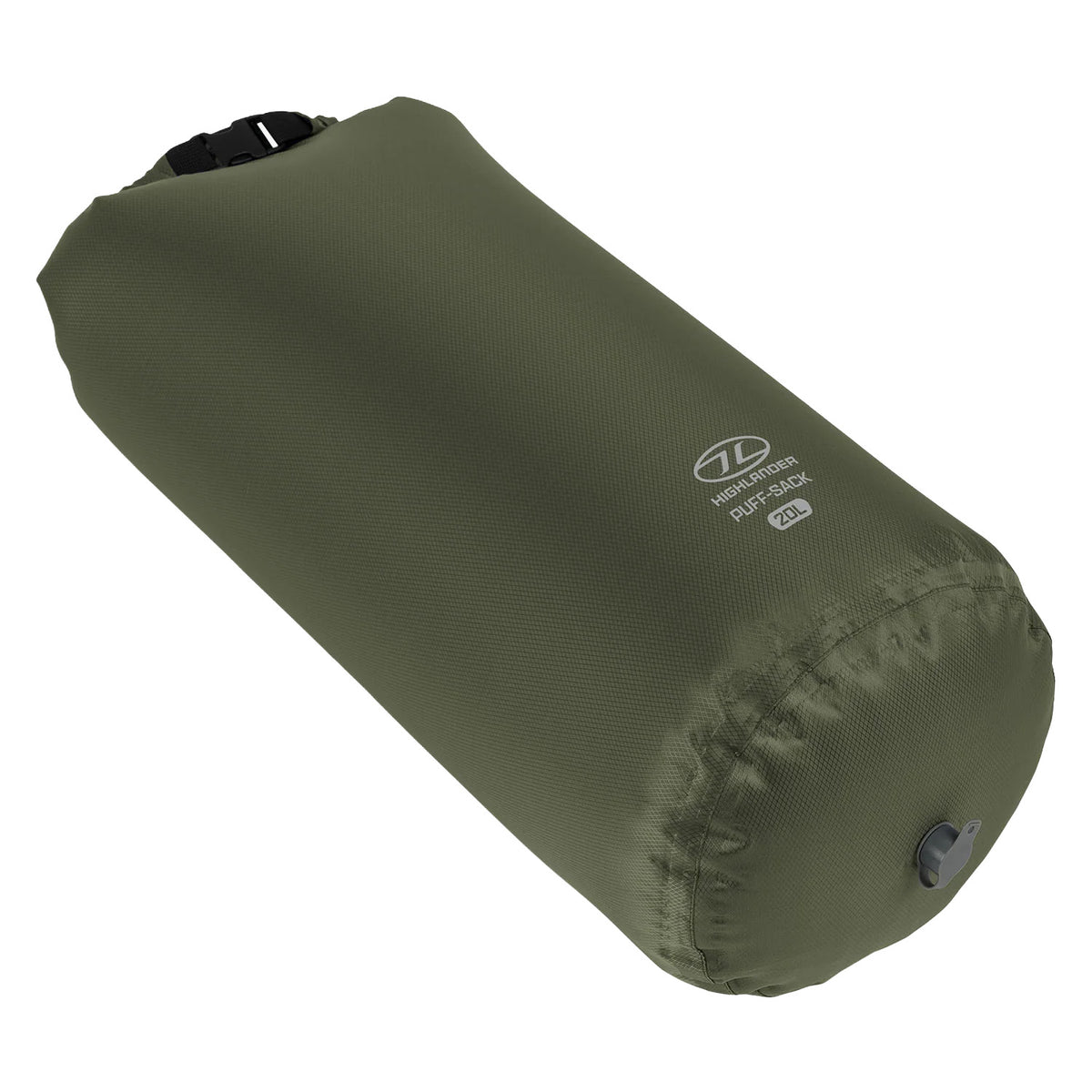 Der HIGHLANDER FORCES Puff Sack Inflation Drybag 20L in Olivgrün ist vollständig aufgeblasen und zylindrisch mit einem schwarzen Rollverschluss und einem Bodenventil - ideal zum Aufblasen von Schlafmatten - auf weißem Hintergrund abgebildet.