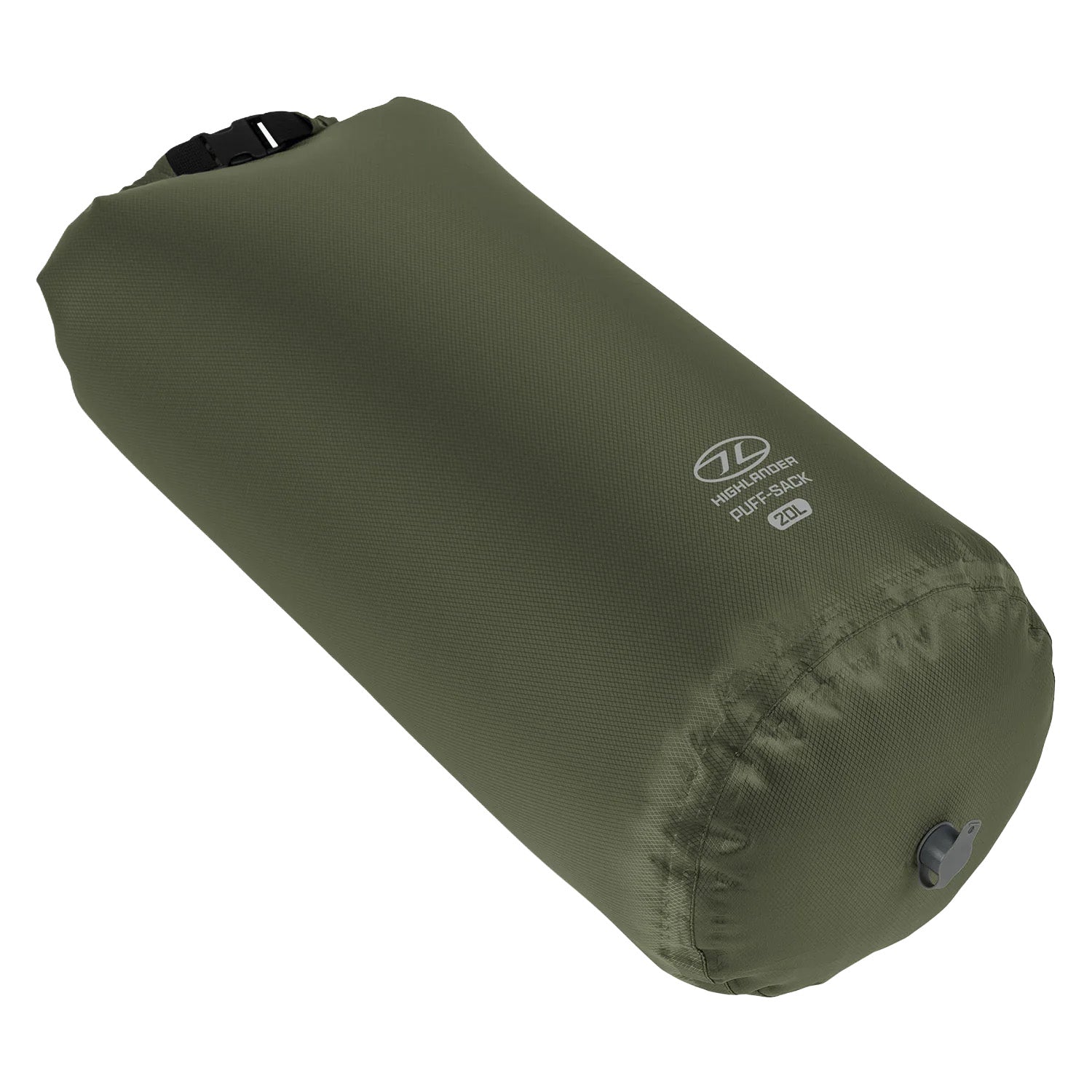 Der HIGHLANDER FORCES Puff Sack Inflation Drybag 20L in Olivgrün ist vollständig aufgeblasen und zylindrisch mit einem schwarzen Rollverschluss und einem Bodenventil - ideal zum Aufblasen von Schlafmatten - auf weißem Hintergrund abgebildet.