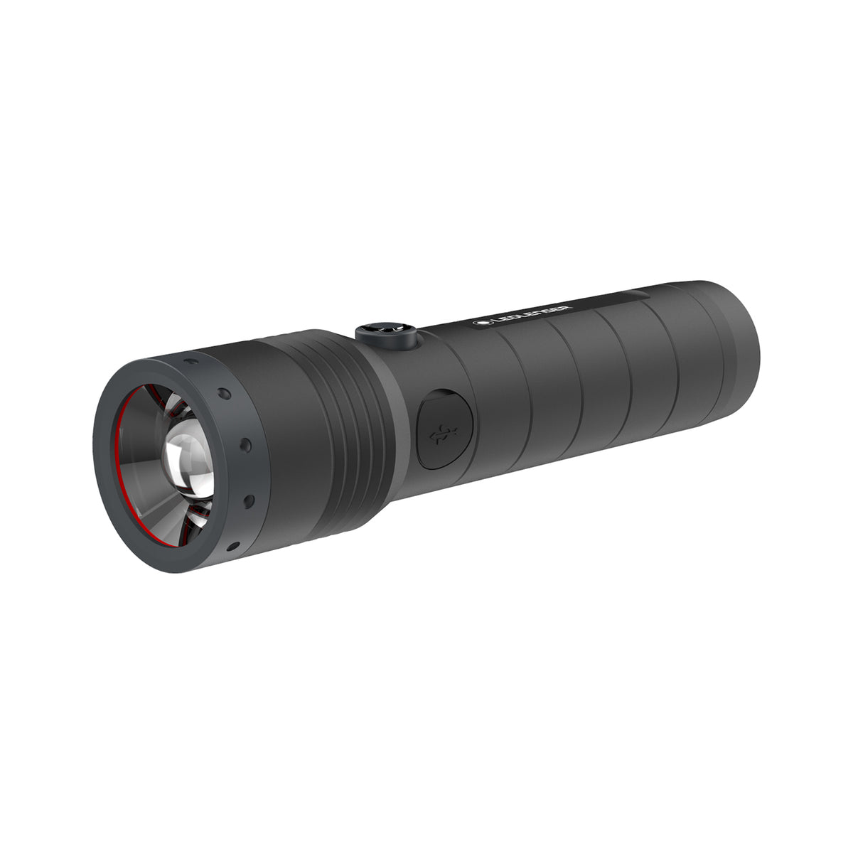 Die LEDLENSER Ledlenser Taschenlampe MT14 Black Edition verfügt über ein zylindrisches Gehäuse, eine große runde Linse, einen seitlichen Knopf und ein modernes, robustes Design mit dezenten roten Details - ideal für den Einsatz beim Camping.