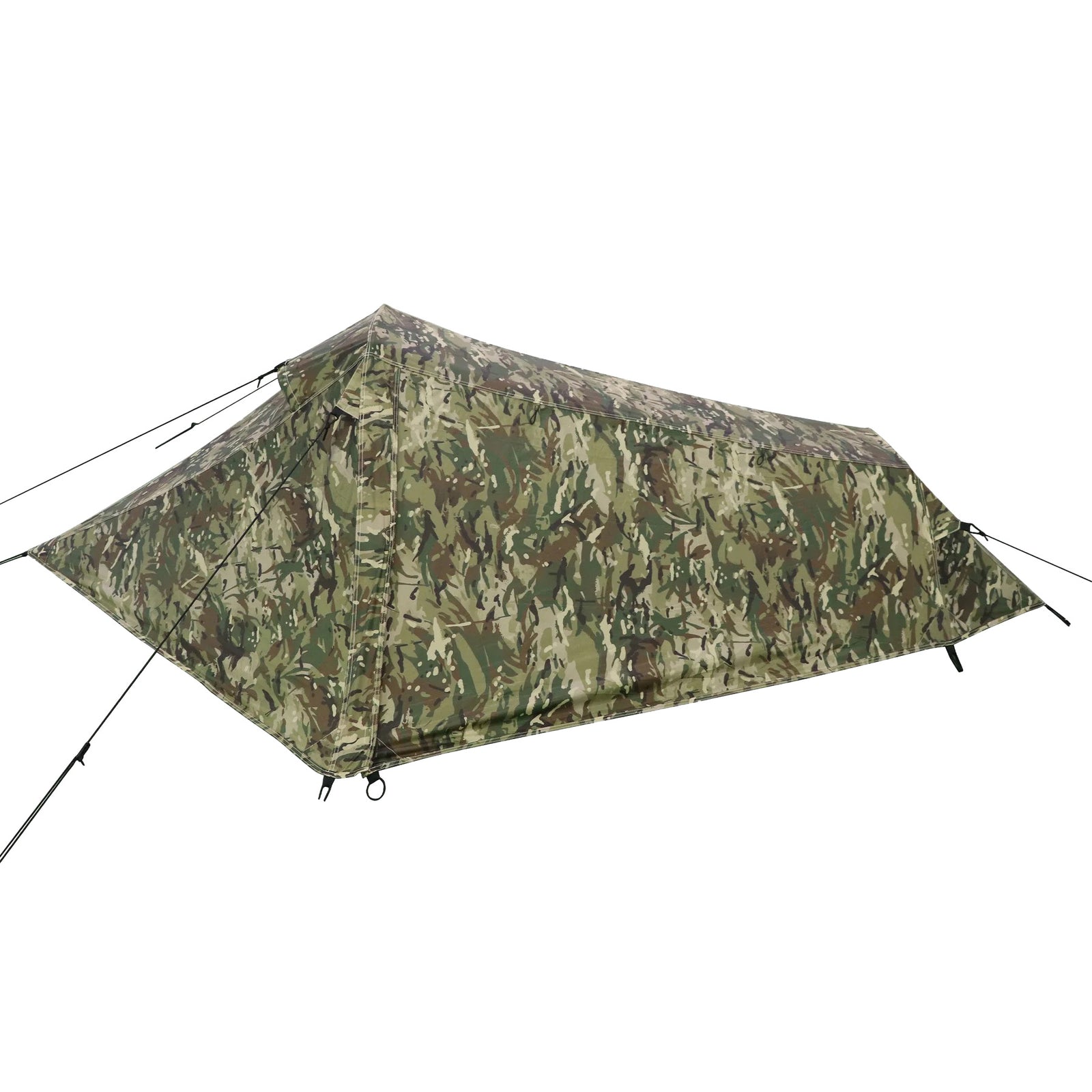 Das HIGHLANDER FORCES Zelt Blackthorn 1 Gen2 - HMTC, ein kompaktes 1-Personen-Zelt in grün-braunem Militärstil mit Abspannseilen und Erdnägeln, ist auf weißem Hintergrund abgebildet.