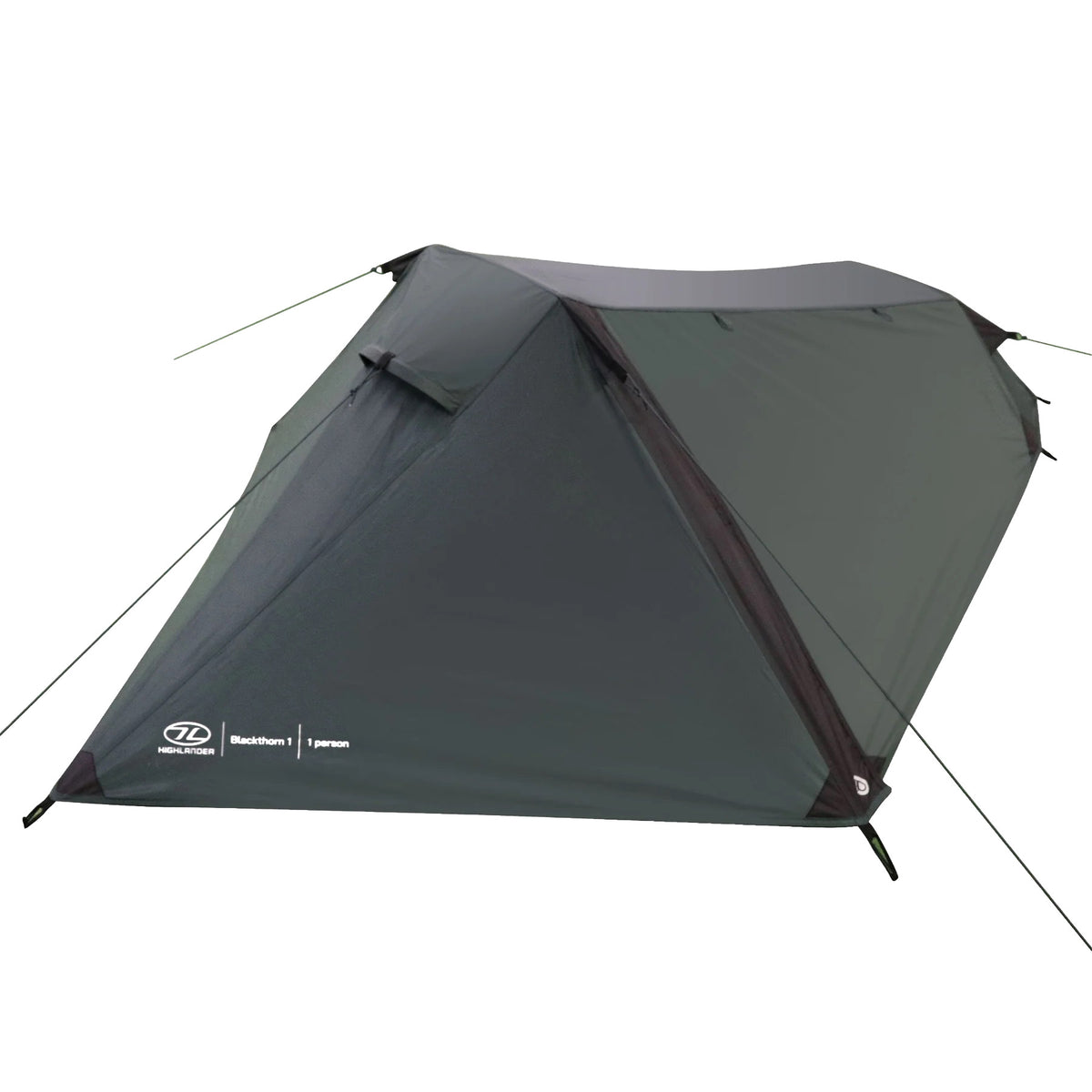 Das HIGHLANDER FORCES Blackthorn 1 Gen2 - Green ist ein 1-Personen-Zelt mit niedrigem, kantigem Design, das durch Abspannleinen und Heringe gesichert wird - ideal für Solo-Trekking. Abgebildet vor einem weißen Hintergrund.