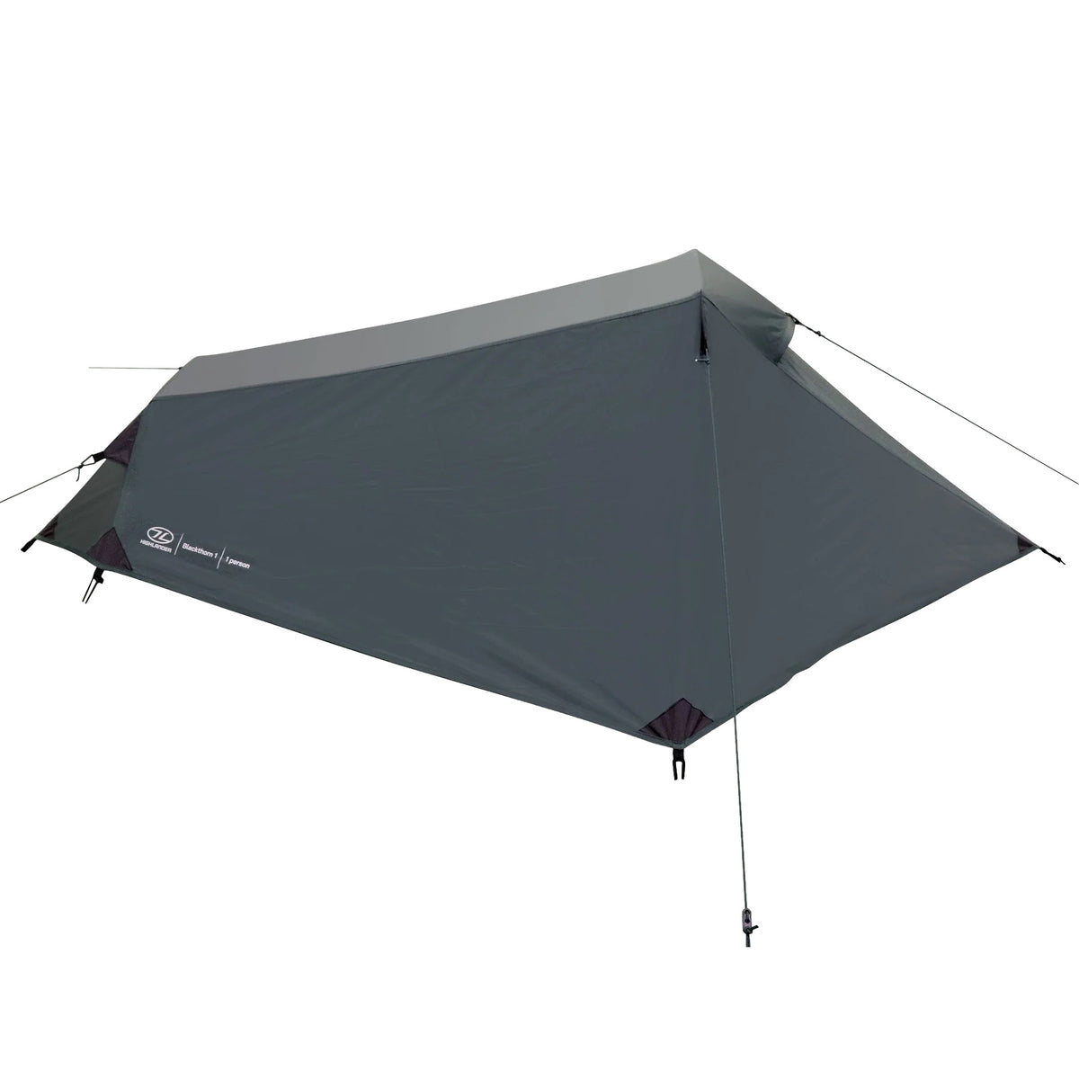 Das HIGHLANDER FORCES Blackthorn 1 Gen2 - Green ist ein leichtes, kompaktes 1-Personen-Zelt mit niedrigem, kantigem Profil, das mit Abspannleinen und Eckheringen aufgestellt wird - ideal für minimalistisches Backpacking oder Trekking.