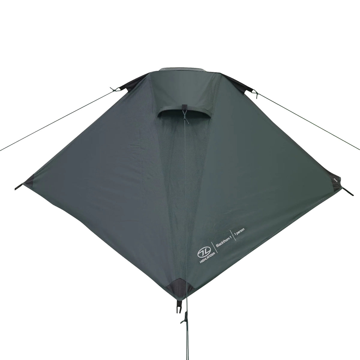 Das Highlander Zelt Blackthorn 1 Gen2 - Green von HIGHLANDER FORCES ist ein grünes, rautenförmiges 1-Personen-Zelt mit Leinen an jeder Ecke, einer zentralen Belüftung und dezentem Branding - ideal für Solo-Abenteurer, die einen minimalistischen, aerodynamischen Schutz suchen.