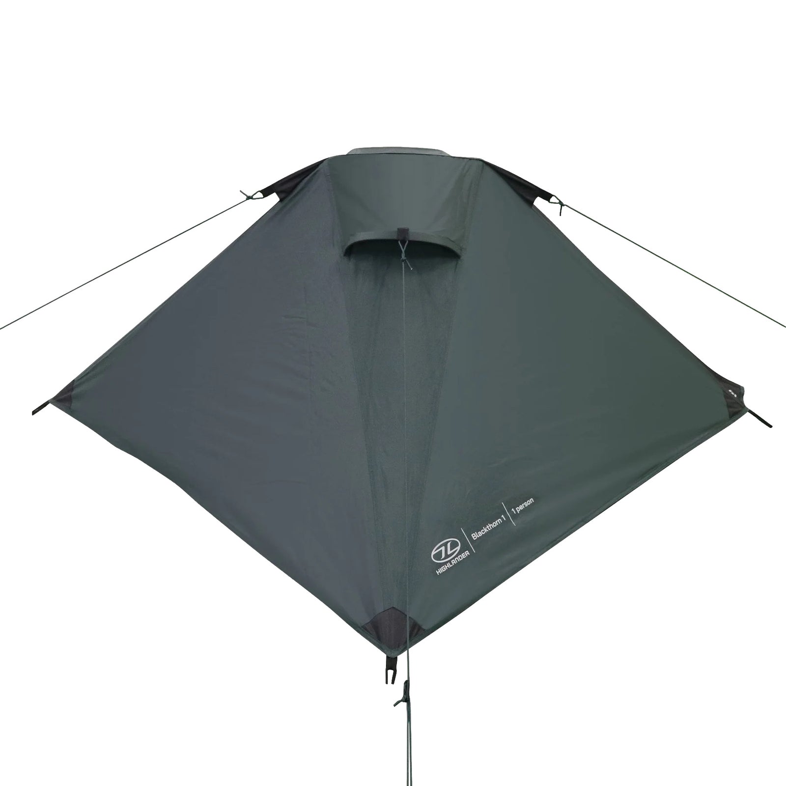 Das Highlander Zelt Blackthorn 1 Gen2 - Green von HIGHLANDER FORCES ist ein grünes, rautenförmiges 1-Personen-Zelt mit Leinen an jeder Ecke, einer zentralen Belüftung und dezentem Branding - ideal für Solo-Abenteurer, die einen minimalistischen, aerodynamischen Schutz suchen.