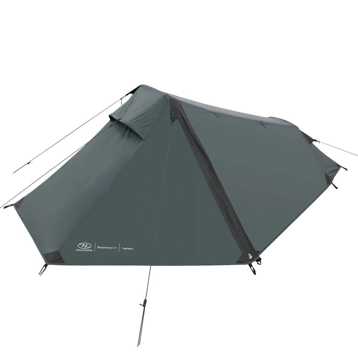 Ein HIGHLANDER FORCES Highlander Zelt Blackthorn 1+ Gen2 - Green ist mit Abspannleinen versehen, die sein flaches, aerodynamisches Design und einen seitlichen Reißverschluss zeigen.