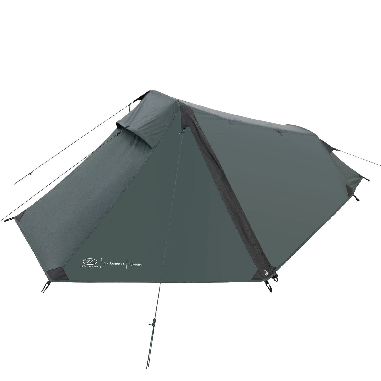 Ein HIGHLANDER FORCES Highlander Zelt Blackthorn 1+ Gen2 - Green ist mit Abspannleinen versehen, die sein flaches, aerodynamisches Design und einen seitlichen Reißverschluss zeigen.