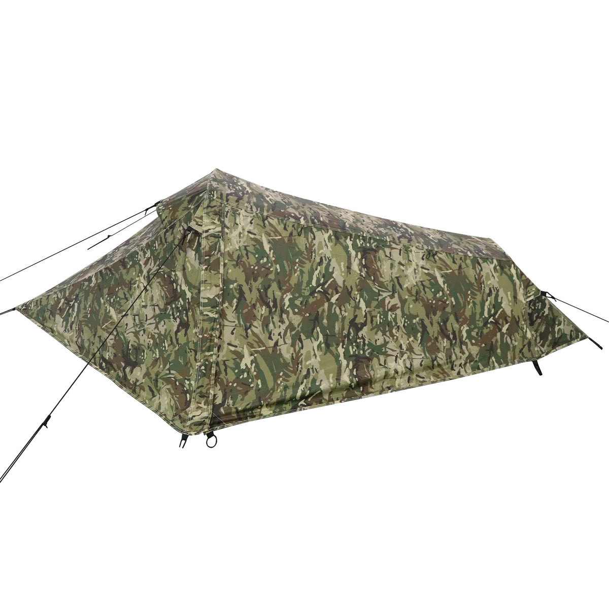 Das HIGHLANDER FORCES Highlander Zelt Blackthorn 1+ Gen2 - HMCT zeichnet sich durch ein Tarnmuster und ein niedriges Profil aus, das sich in die Natur einfügt, wenn es mit verankerten Seilen im Freien aufgestellt wird. Dieses 1-Personen-Zelt ist ideal für diskrete Trekking-Abenteuer.