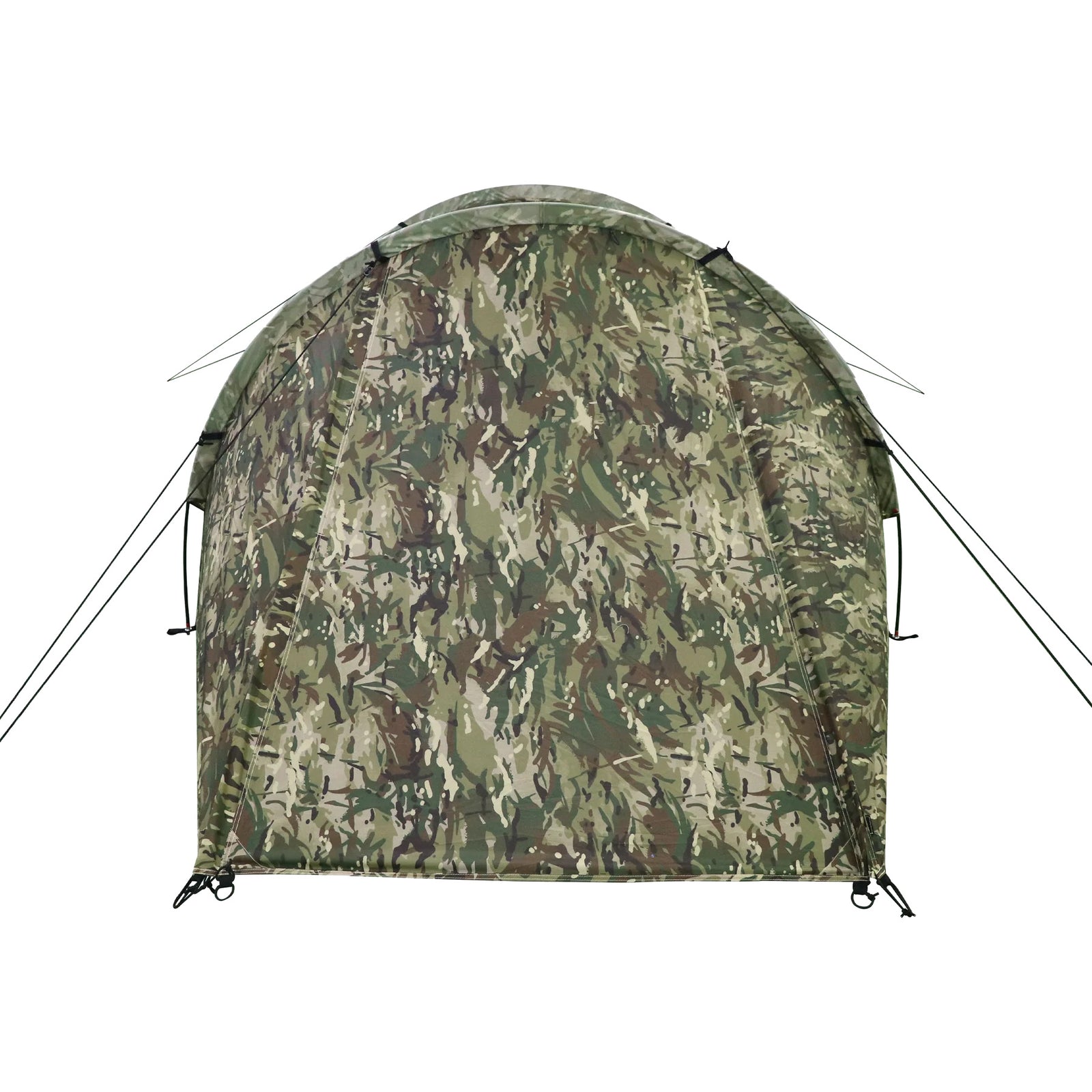 Das HIGHLANDER FORCES Highlander Zelt BLACKTHORN 2 GEN2 - HMTC zeichnet sich durch ein Tarnmuster, abgewinkelte Linien und Abspannseile aus, die es sichern.
