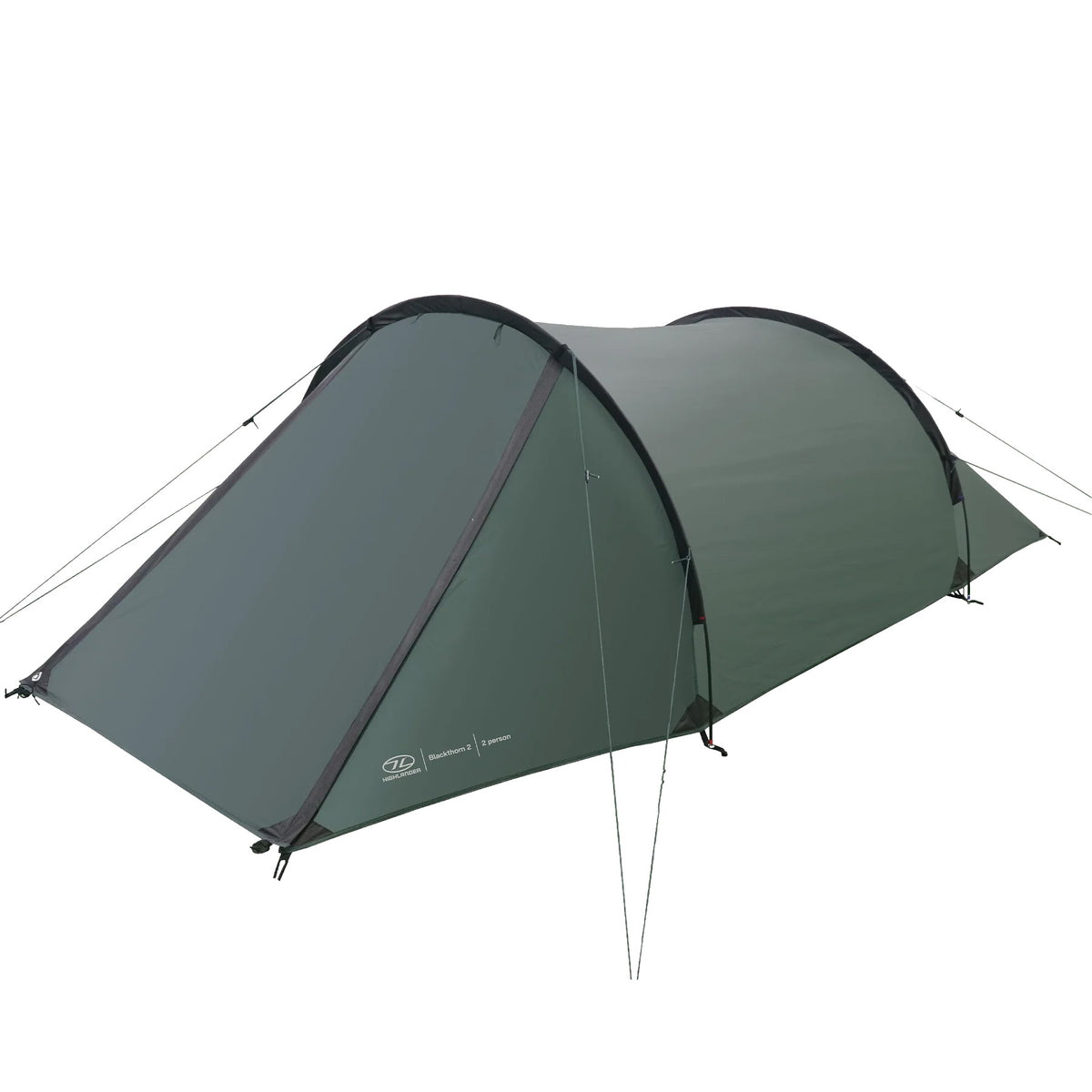 Das HIGHLANDER FORCES Zelt BLACKTHORN 2 GEN2 - Green ist ein tunnelförmiges 2-Personen-Trekkingzelt mit zwei Hauptstangen und Abspannleinen, perfekt für Outdoor-Abenteuer.