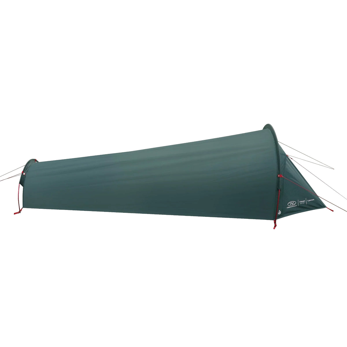 Das HIGHLANDER FORCES Highlander Falcon Bivvy Zelt - Pine Green ist ein Ein-Personen-Zelt mit niedrigem, konisch zulaufendem Design, einem einzigen Bügel am Kopf und roten Abspannleinen an beiden Enden.