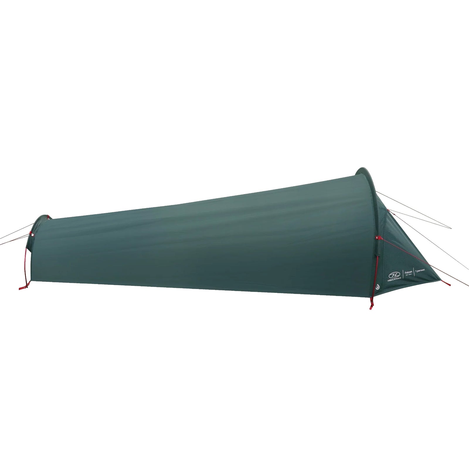 Das HIGHLANDER FORCES Highlander Falcon Bivvy Zelt - Pine Green ist ein Ein-Personen-Zelt mit niedrigem, konisch zulaufendem Design, einem einzigen Bügel am Kopf und roten Abspannleinen an beiden Enden.