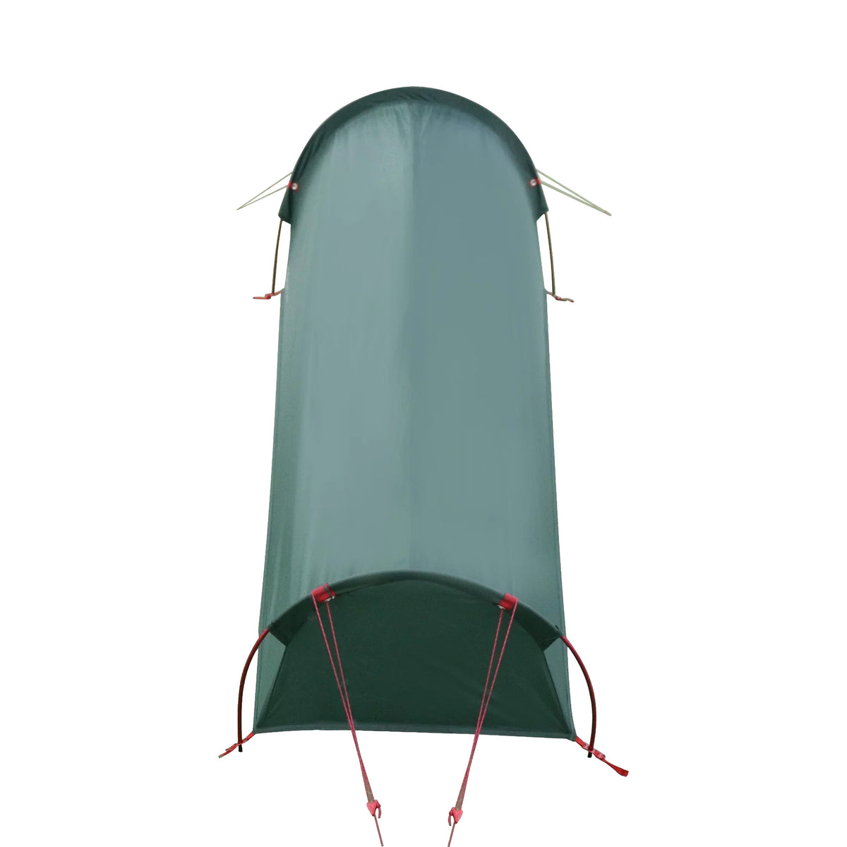 Das HIGHLANDER FORCES Highlander Falcon Bivvy Zelt - Pine Green ist vertikal von vorne abgebildet, mit roten Abspannleinen, auf einem schlichten weißen Hintergrund.