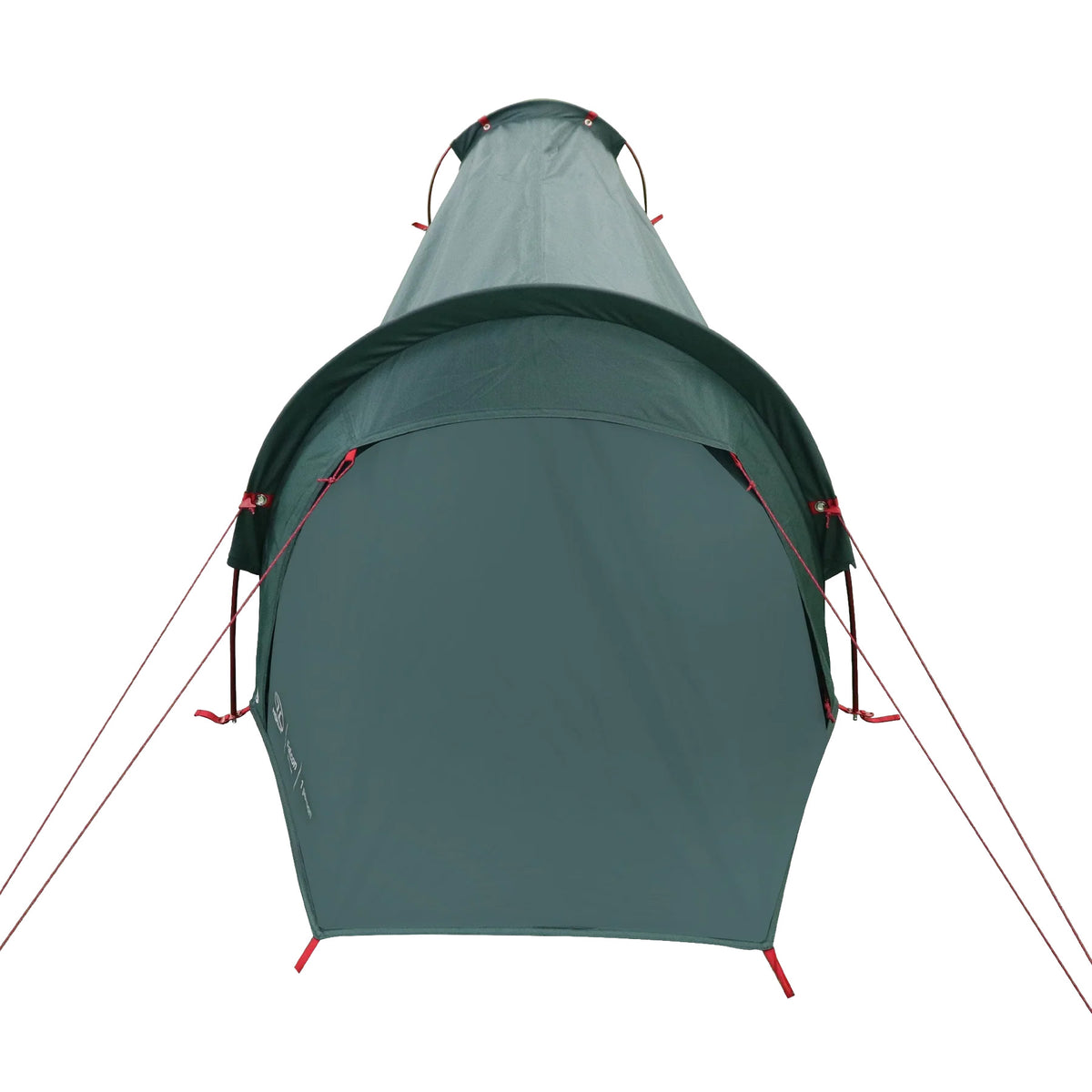 Das HIGHLANDER FORCES Highlander Falcon Bivvy Zelt in Pine Green zeichnet sich durch ein tunnelförmiges Design mit roten Abspannseilen und Akzentclips aus, die von vorne auf weißem Hintergrund zu sehen sind.