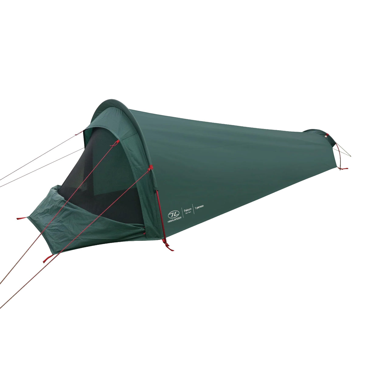 Das HIGHLANDER FORCES Highlander Falcon Bivvy Zelt - Pine Green ist ein kompaktes Ein-Personen-Zelt mit Netztür, roten Abspannleinen und Heringen - ideal für Solo-Bushcraft-Abenteuer. Aufgebaut von der Seite.