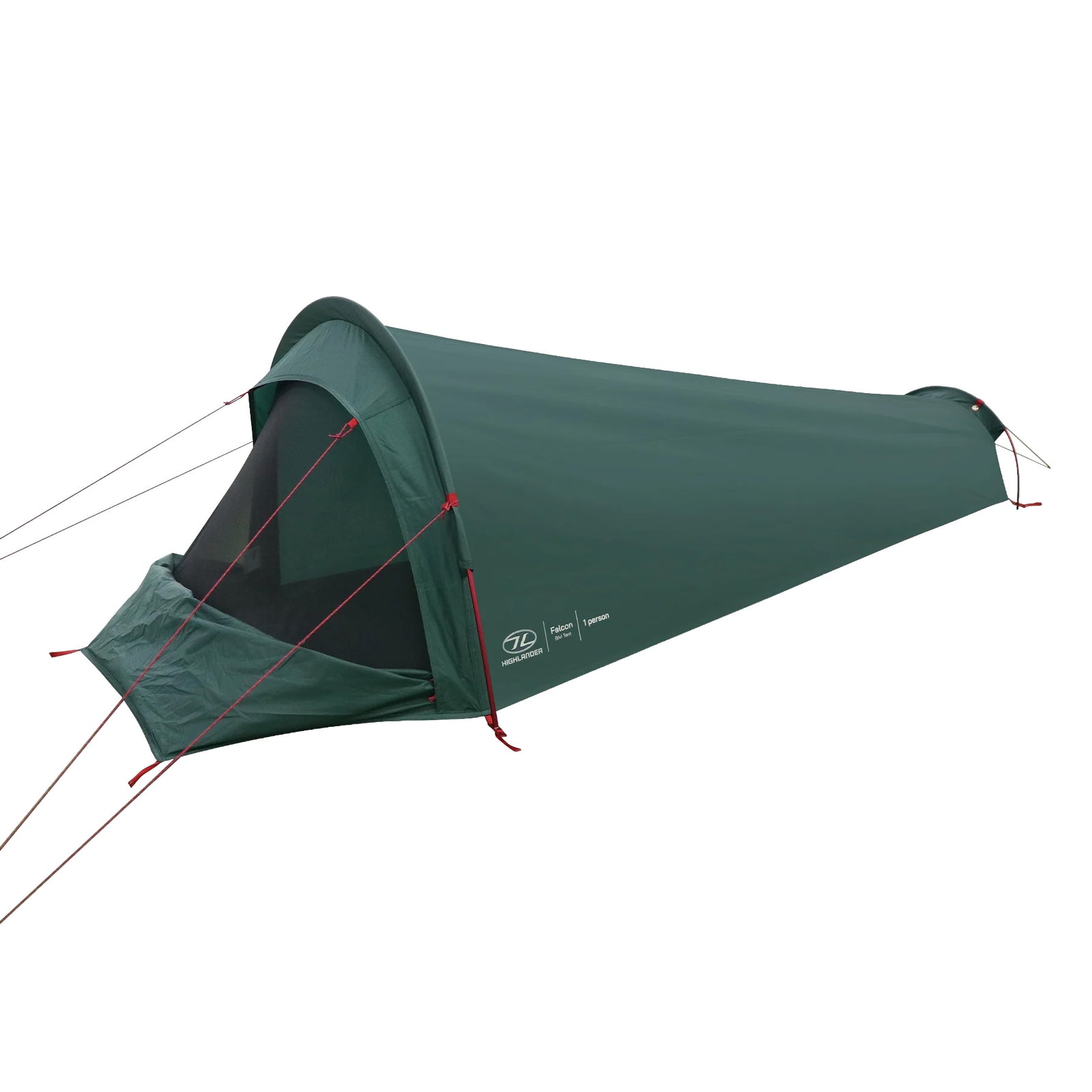 Das HIGHLANDER FORCES Highlander Falcon Bivvy Zelt - Pine Green ist ein kompaktes Ein-Personen-Zelt mit Netztür, roten Abspannleinen und Heringen - ideal für Solo-Bushcraft-Abenteuer. Aufgebaut von der Seite.