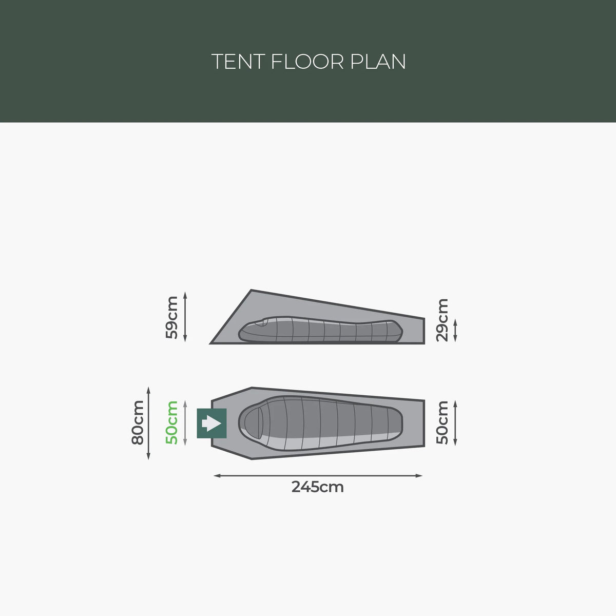 Schema des Grundrisses des HIGHLANDER FORCES Highlander Falcon Bivvy Zelt - Pine Green, zeigt zwei Schlafbereiche. Abmessungen: 245 cm lang, 80 cm breit an der breitesten Stelle und 59 cm/29 cm an den schmalen Enden; Schlafsäcke innen abgebildet.