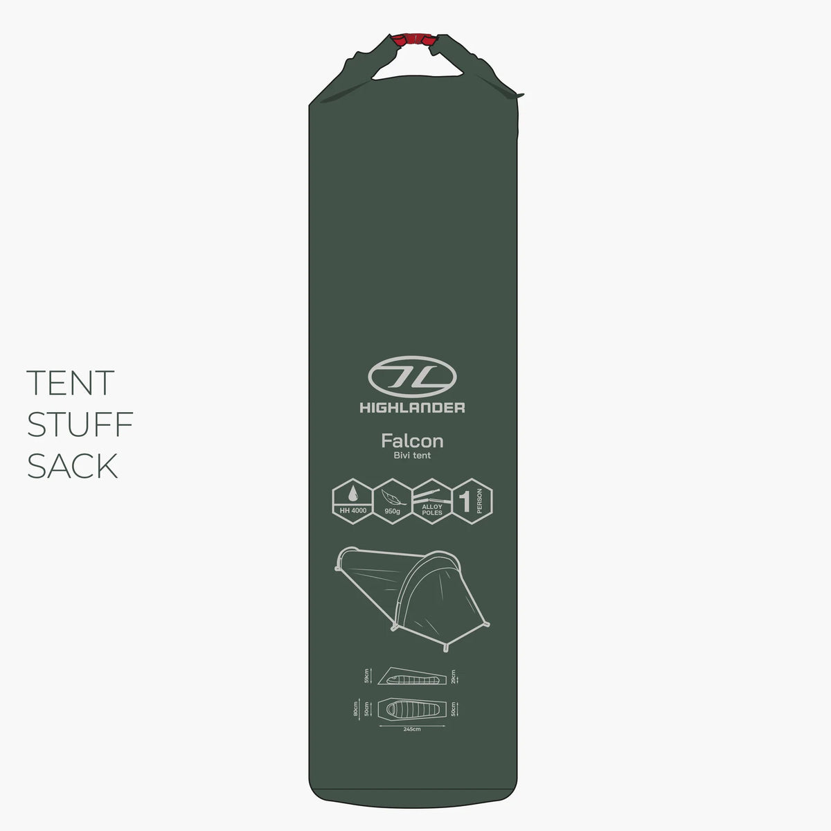 Ein tannengrüner Highlander Forces Falcon Bivvy Zelt Stausack mit Markensymbolen, einer Abbildung eines Solobivvy und Packdiagrammen. Der Text lautet TENT STUFF SACK.