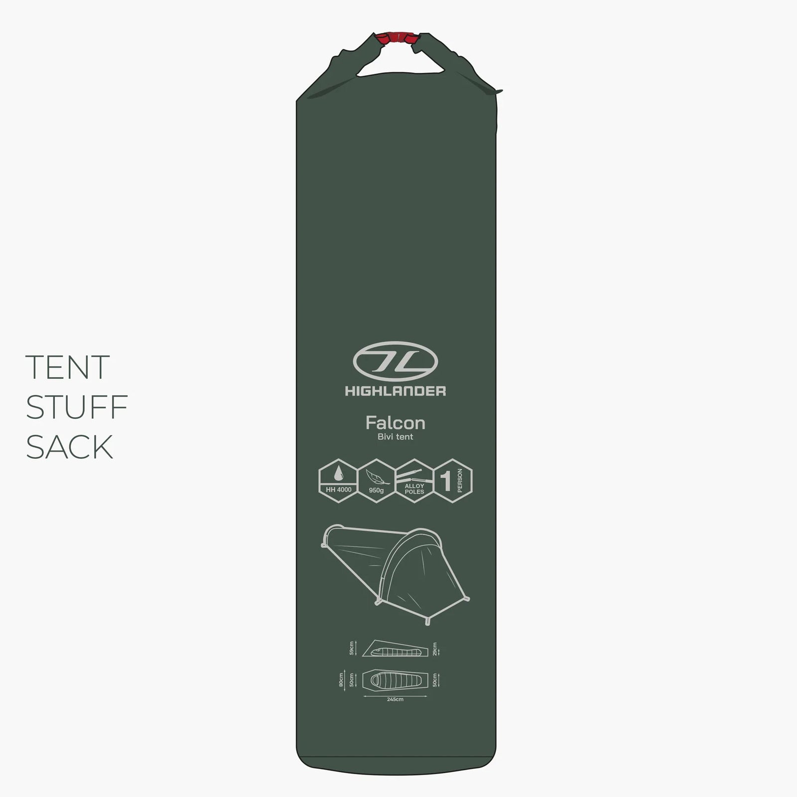 Ein tannengrüner Highlander Forces Falcon Bivvy Zelt Stausack mit Markensymbolen, einer Abbildung eines Solobivvy und Packdiagrammen. Der Text lautet TENT STUFF SACK.