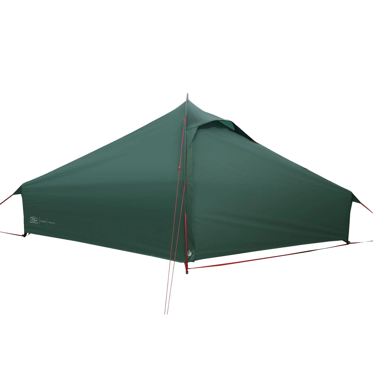 Das tannengrüne HIGHLANDER FORCES Highlander Refuge 1 Personen Zelt wird für Solo-Touren im Freien aufgestellt, seine roten Abspannleinen sichern eine straffe, dreieckige Form - ideal als leichtes Trekkingzelt.