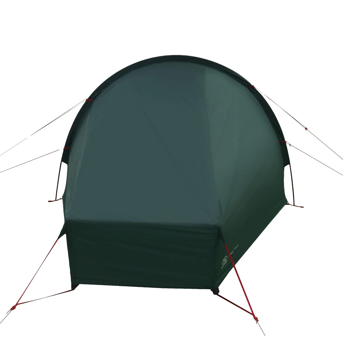 Das HIGHLANDER FORCES Highlander Refuge 1 Personen Zelt - Pine Green mit roten Abspannleinen steht vor weißem Hintergrund. Das leichte, komplett geschlossene Trekkingzelt besticht durch minimalistisches Design - ideal für Solo-Touren.