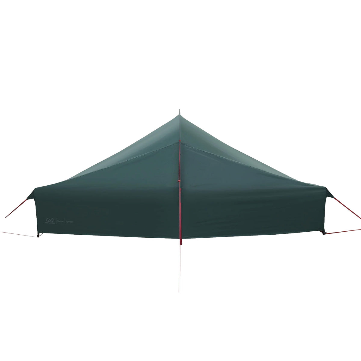 Das HIGHLANDER FORCES Highlander Refuge 1 Personen Zelt - Pine Green ist ein modernes, leichtes Trekkingzelt für Solo-Touren, das mit roten Abspannleinen vor weißem Hintergrund aufgebaut wird - ideal für eine Person.