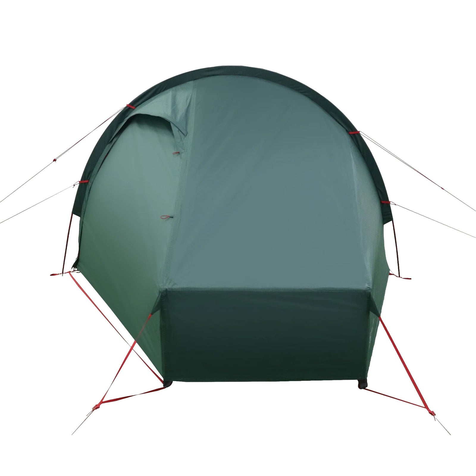 Das HIGHLANDER FORCES Highlander Refuge 1 Personen Zelt - Pine Green ist ein leichtes Tunnelzelt mit roten Abspannleinen und Heringen, abgebildet in der Frontansicht auf Weiß. Der geschlossene Eingang und das stromlinienförmige Design sind perfekt für Solo-Trekking-Touren.
