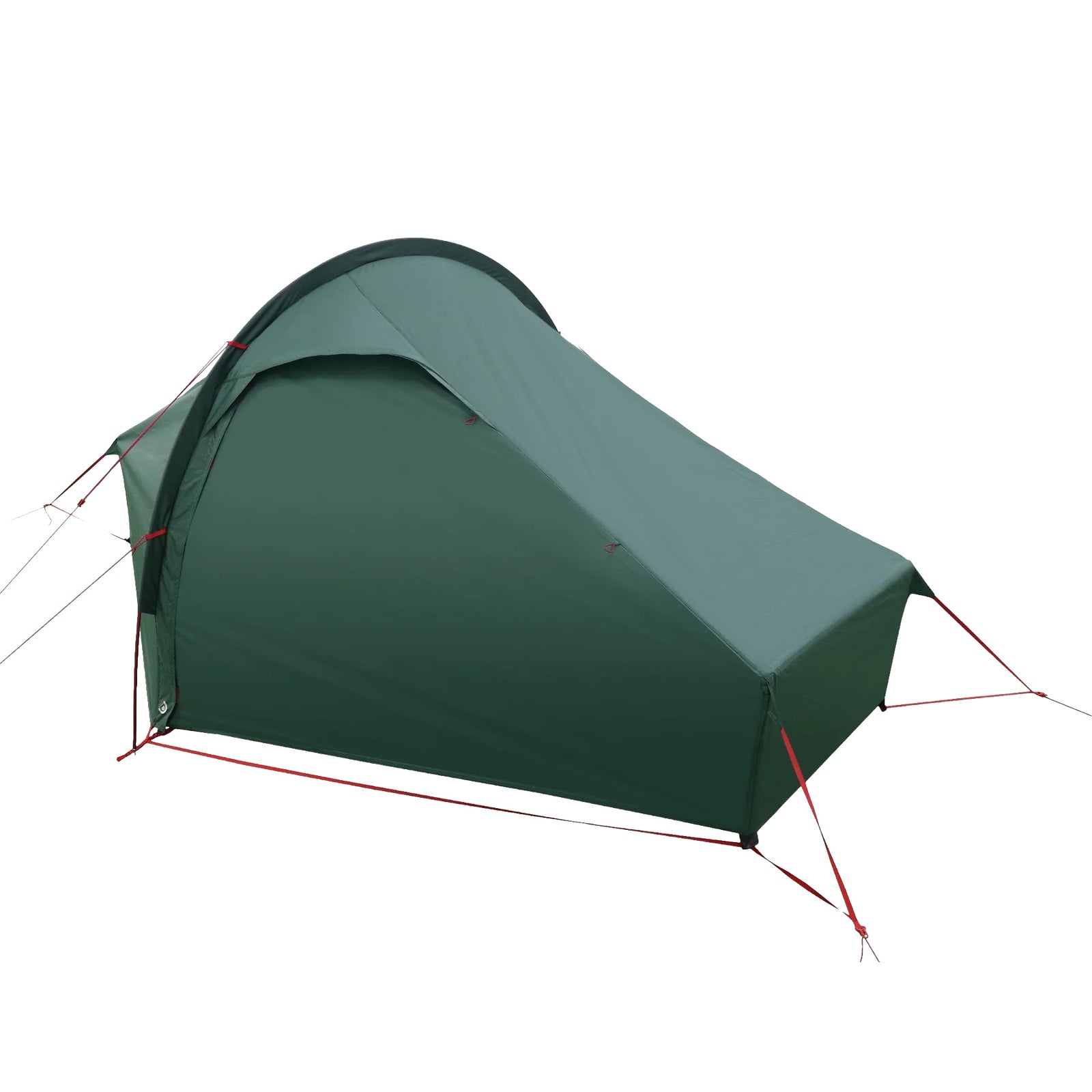 Das HIGHLANDER FORCES Highlander Refuge 1 Personen Zelt - Pine Green ist komplett aufgebaut und geschlossen, mit roten Abspannleinen und Heringen auf weißem Hintergrund - perfekt als leichtes Trekking- oder Bikepacking-Zelt.