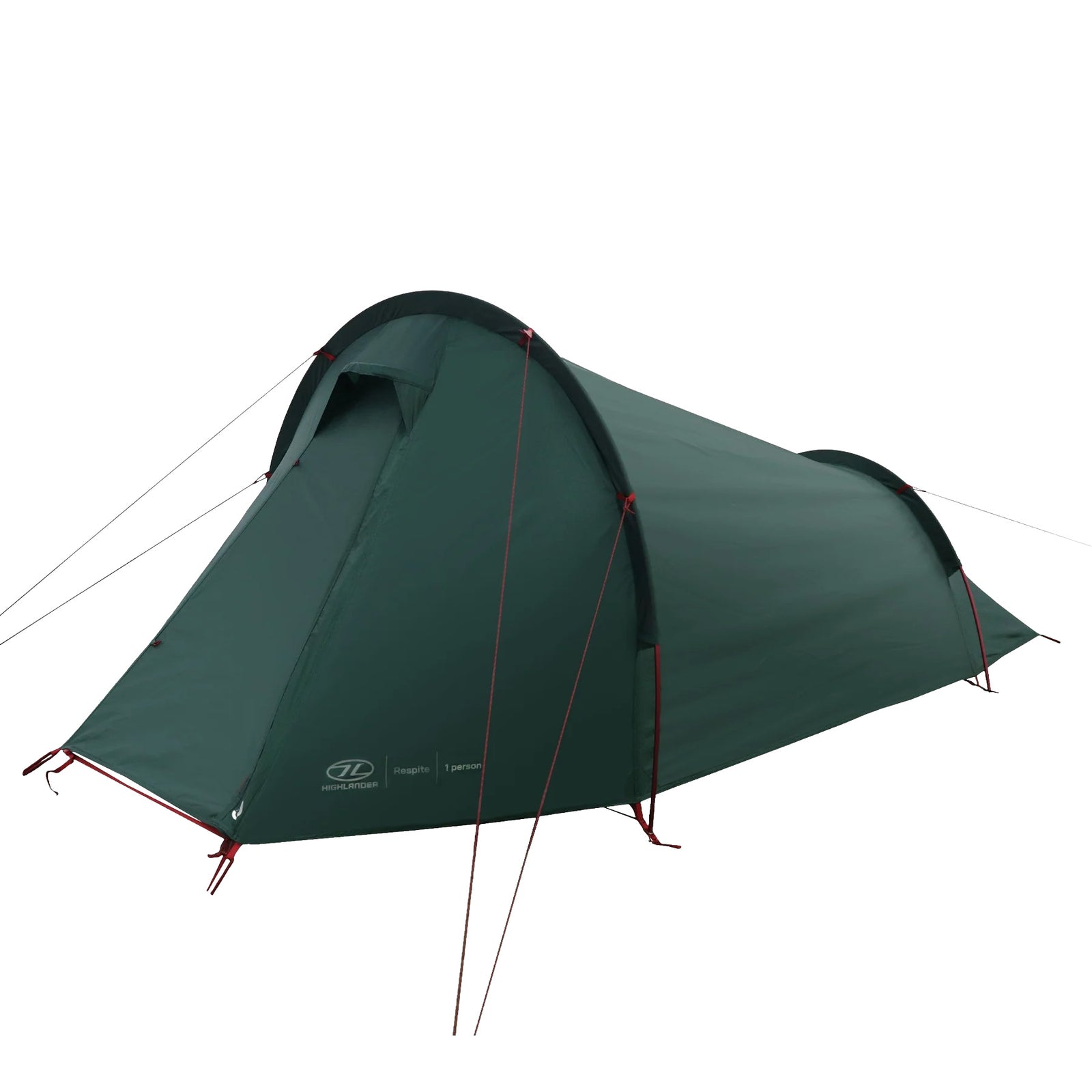 Das HIGHLANDER FORCES Highlander Respite 1 Personen Tunnelzelt in Pine Green verfügt über rote und schwarze Stangen, sichere Abspannleinen, einen einzigen Eingang und ein niedriges, aerodynamisches Profil - ideal für Solo-Trekking oder Camping.