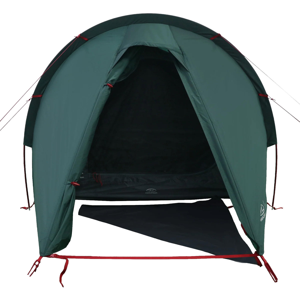Das HIGHLANDER FORCES Highlander Respite 1 Personen Tunnelzelt in Pine Green steht mit offenem Eingang, dunklem Innenraum und roter Abspannleine stabil da; die schwarze Bodenplane reicht vom Eingang nach außen.